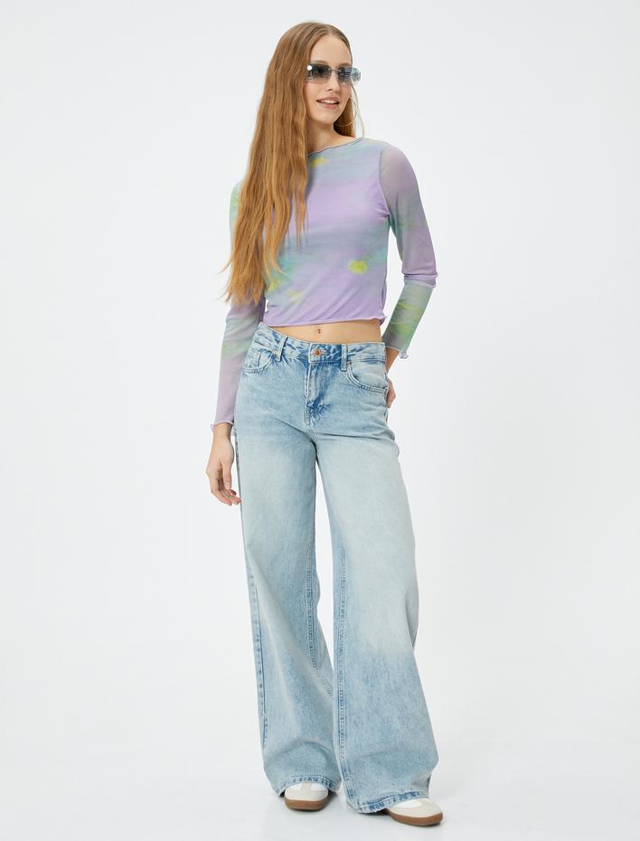  Batik Desenli Crop Tişört Uzun Kollu Bisiklet Yaka