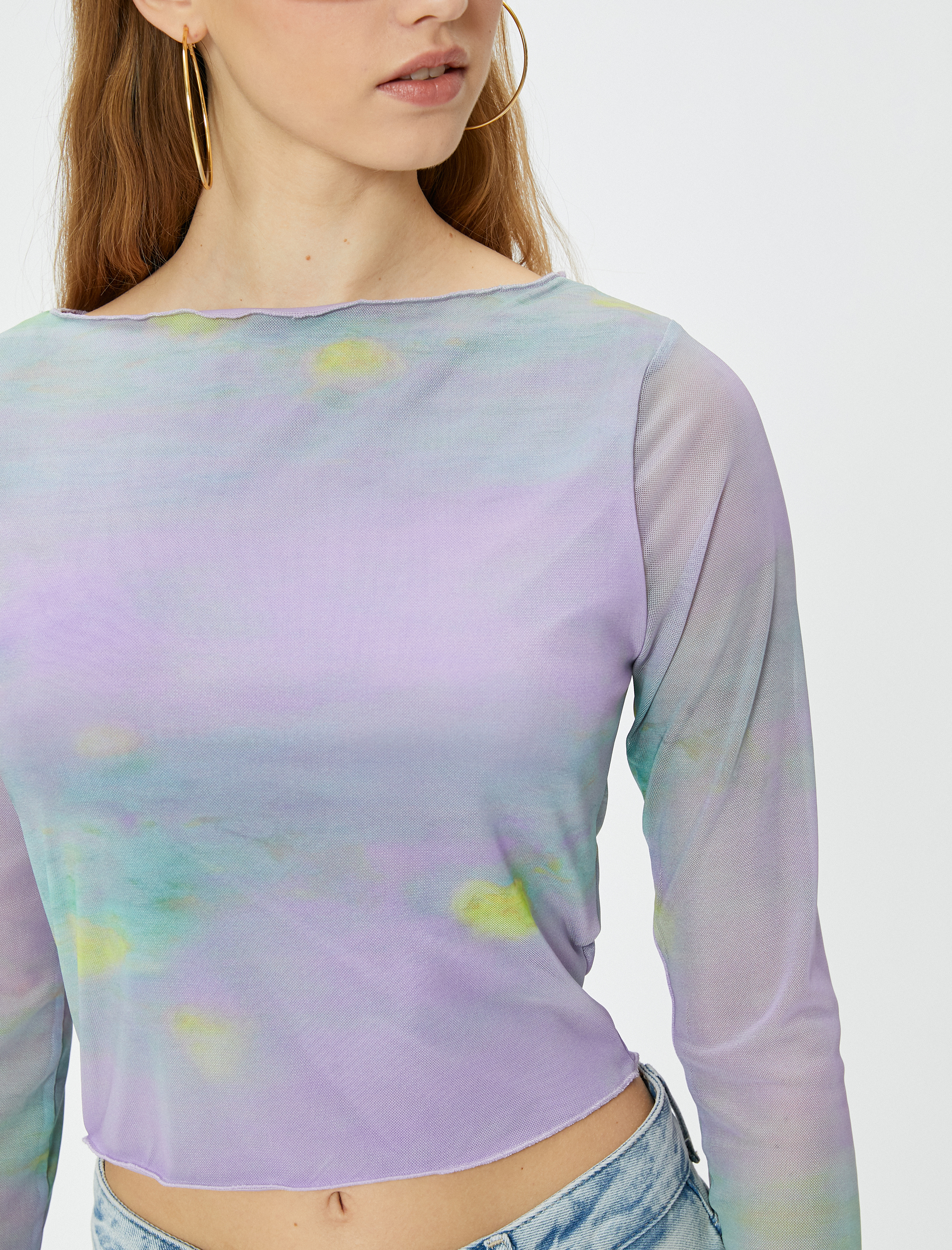 Batik Desenli Crop Tişört Uzun Kollu Bisiklet Yaka