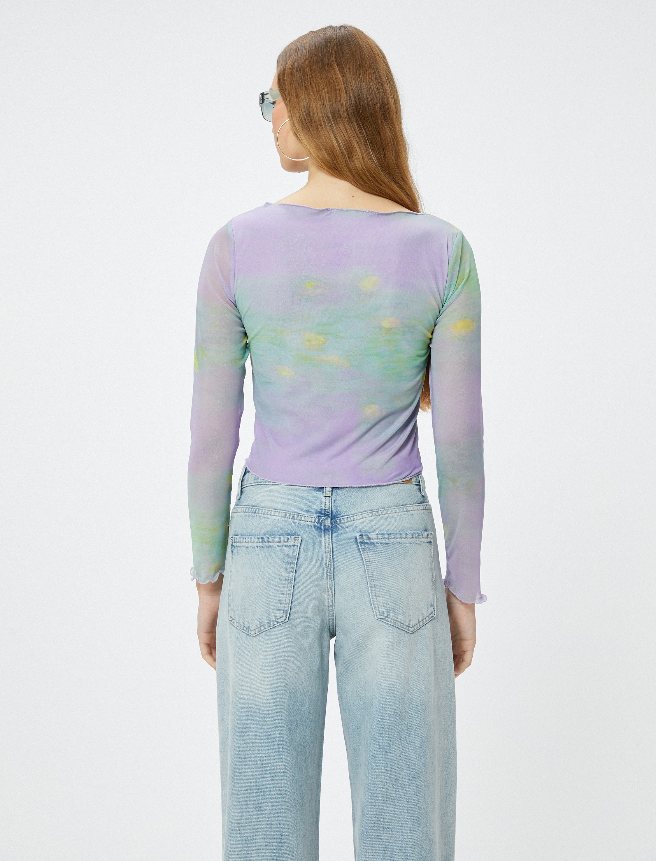 Batik Desenli Crop Tişört Uzun Kollu Bisiklet Yaka