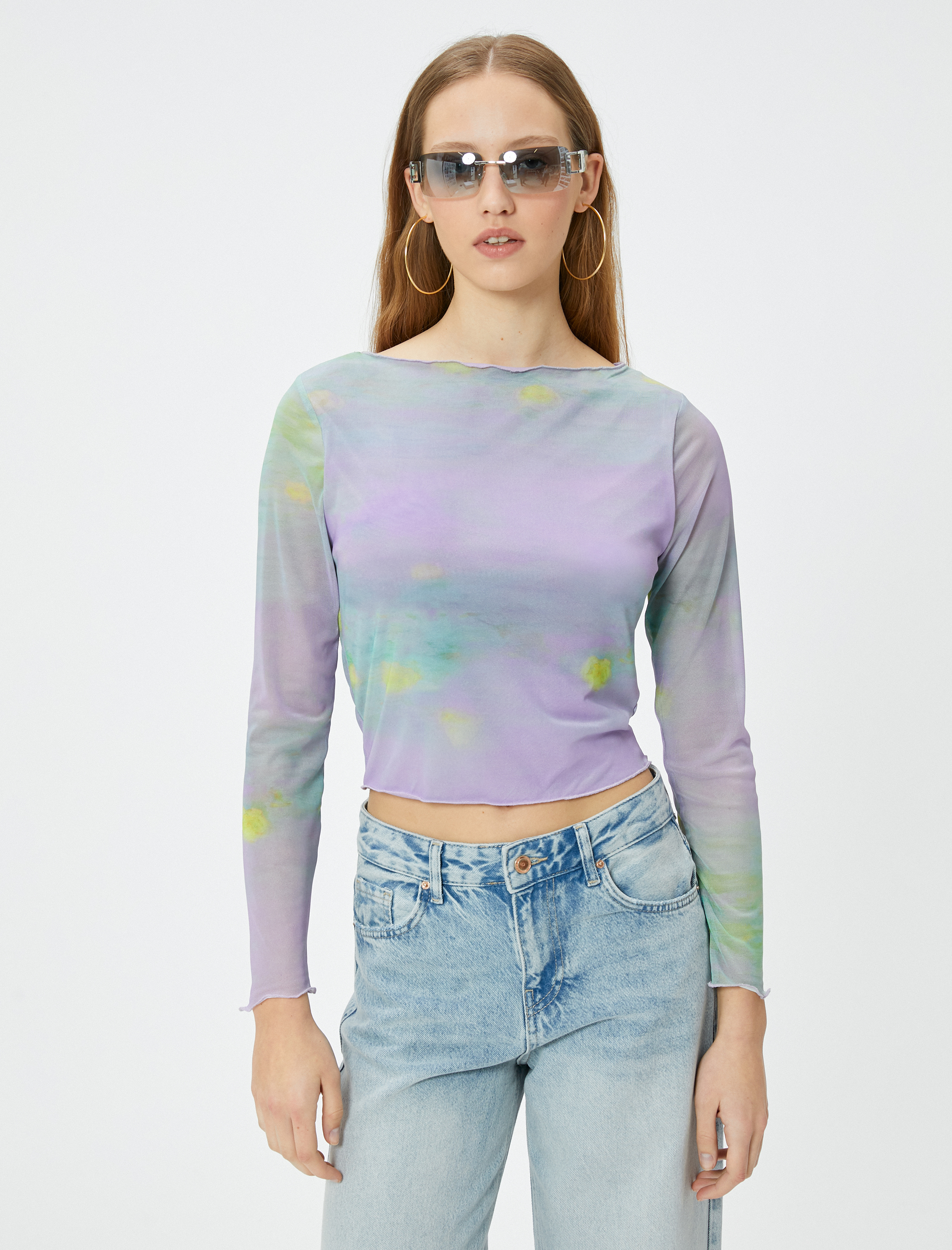 Batik Desenli Crop Tişört Uzun Kollu Bisiklet Yaka