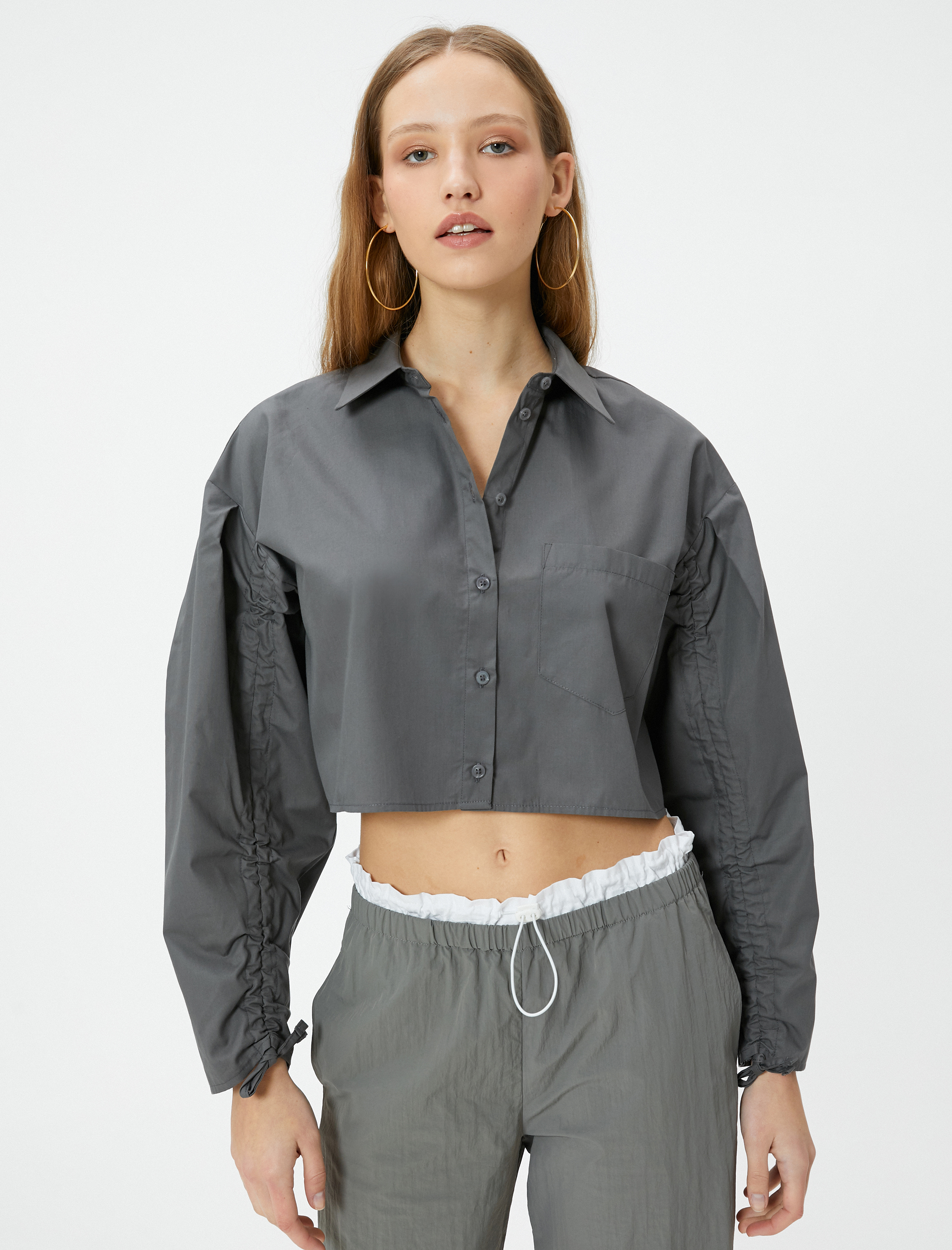   Crop Gömlek Uzun Kollu Kolları Büzgülü Bağlamalı