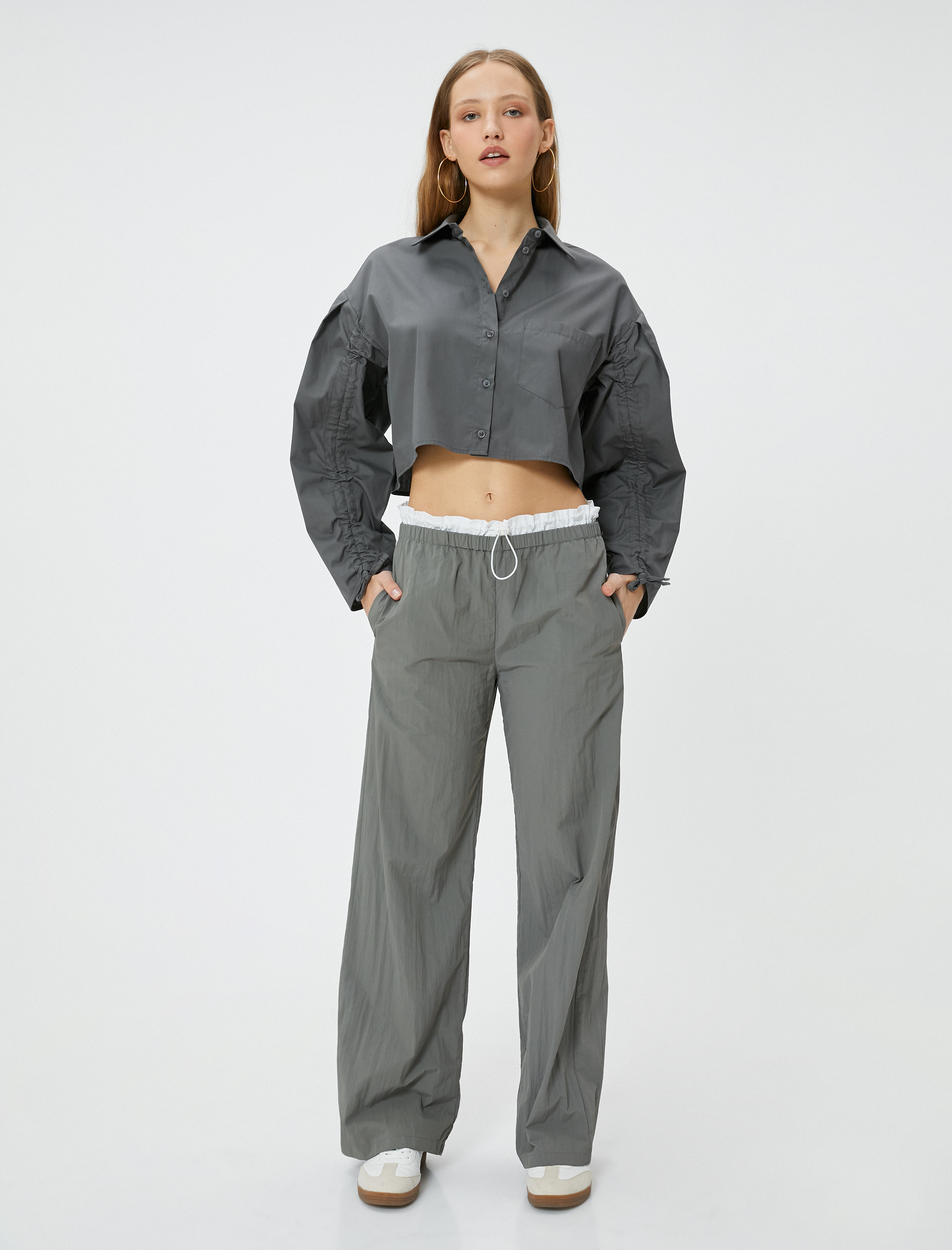   Crop Gömlek Uzun Kollu Kolları Büzgülü Bağlamalı