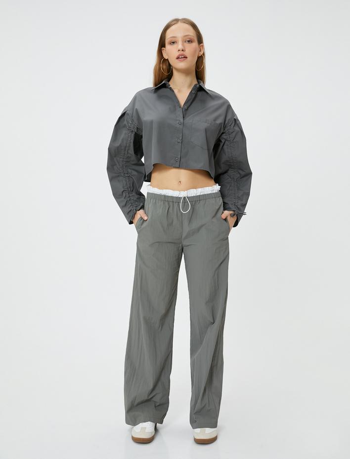  Crop Gömlek Uzun Kollu Kolları Büzgülü Bağlamalı