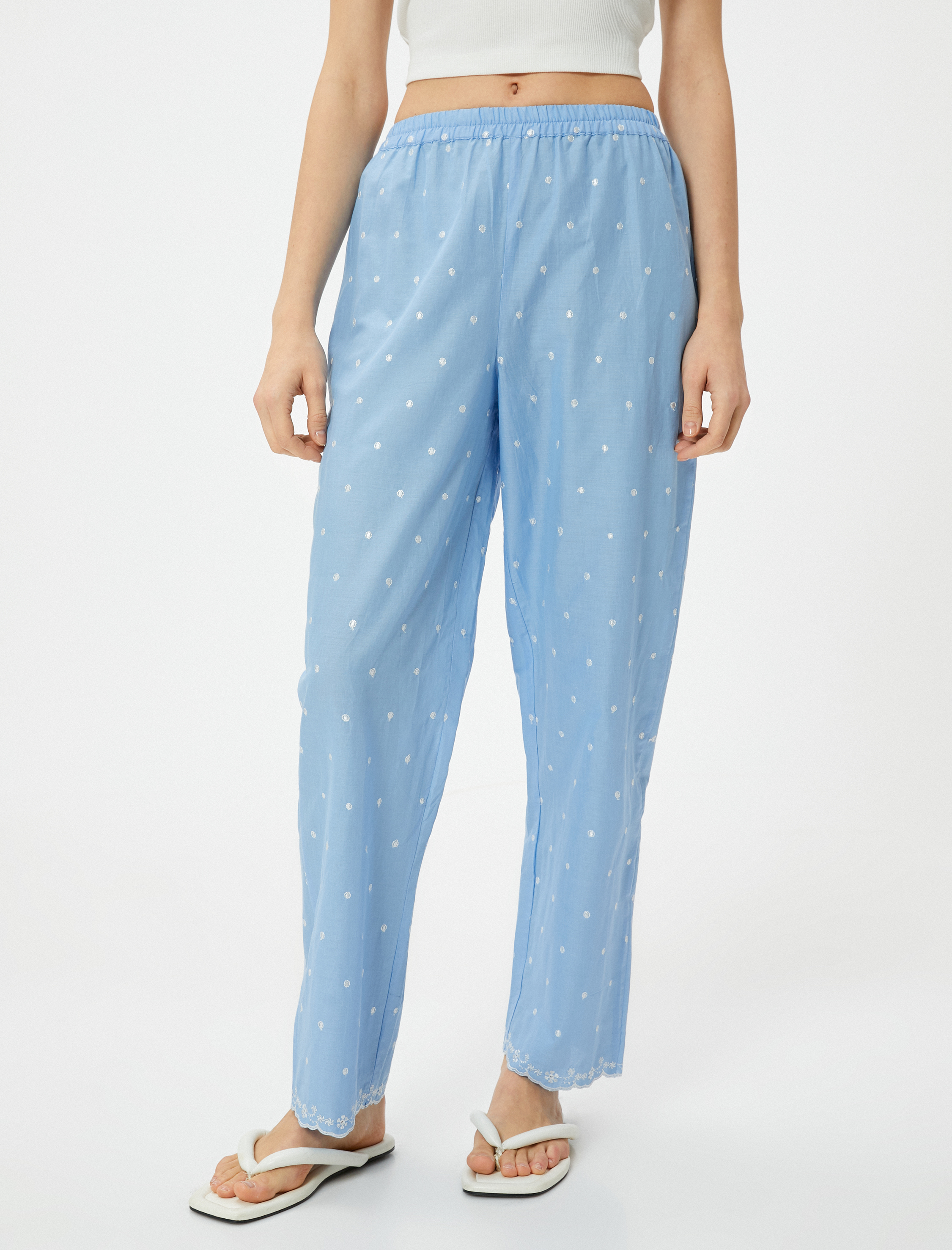   Pamuklu Pijama Altı Düz Paça Beli Lastikli Nakışlı