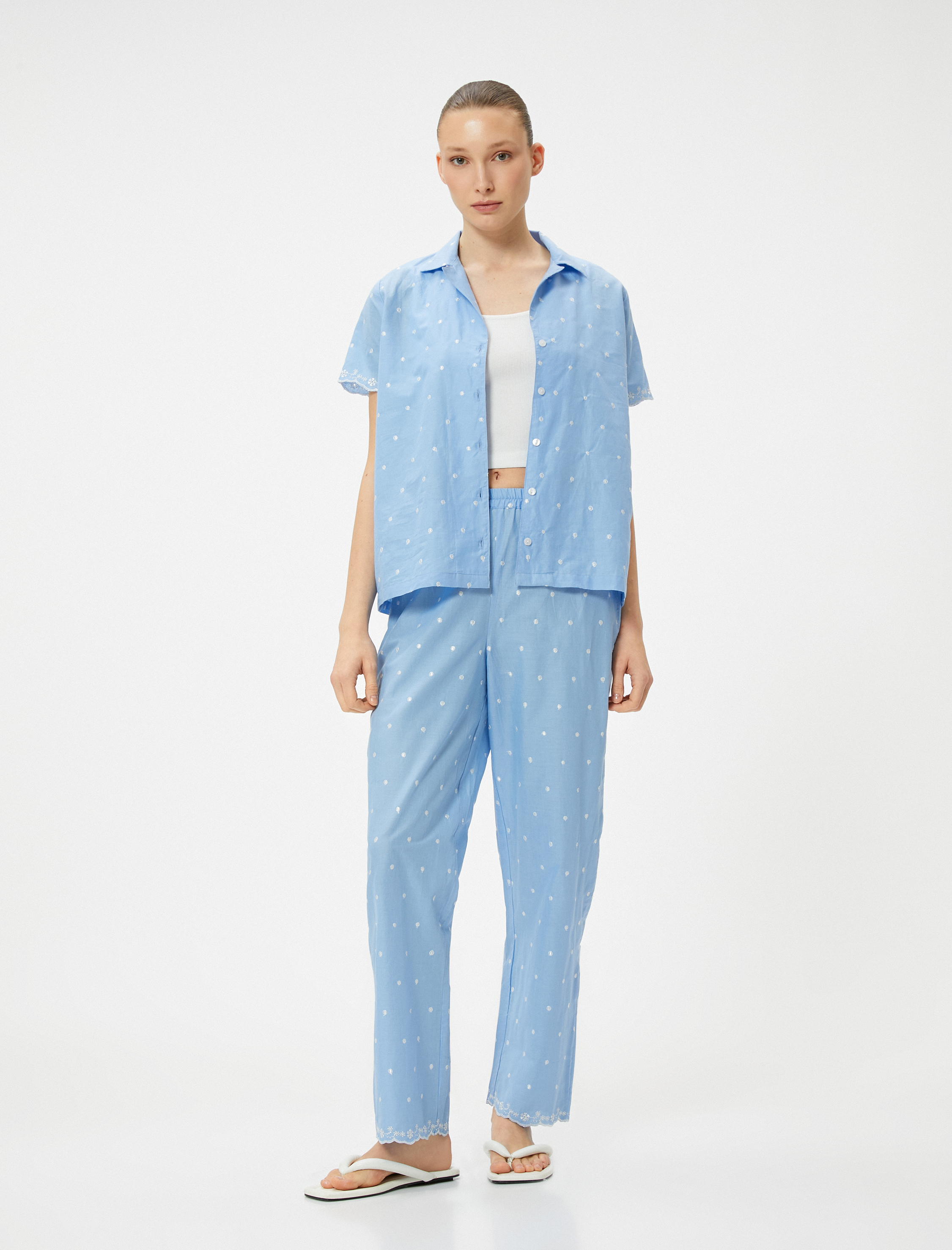 Koton Kadın Pamuklu Pijama Altı Düz Paça Beli Lastikli Nakışlı -1