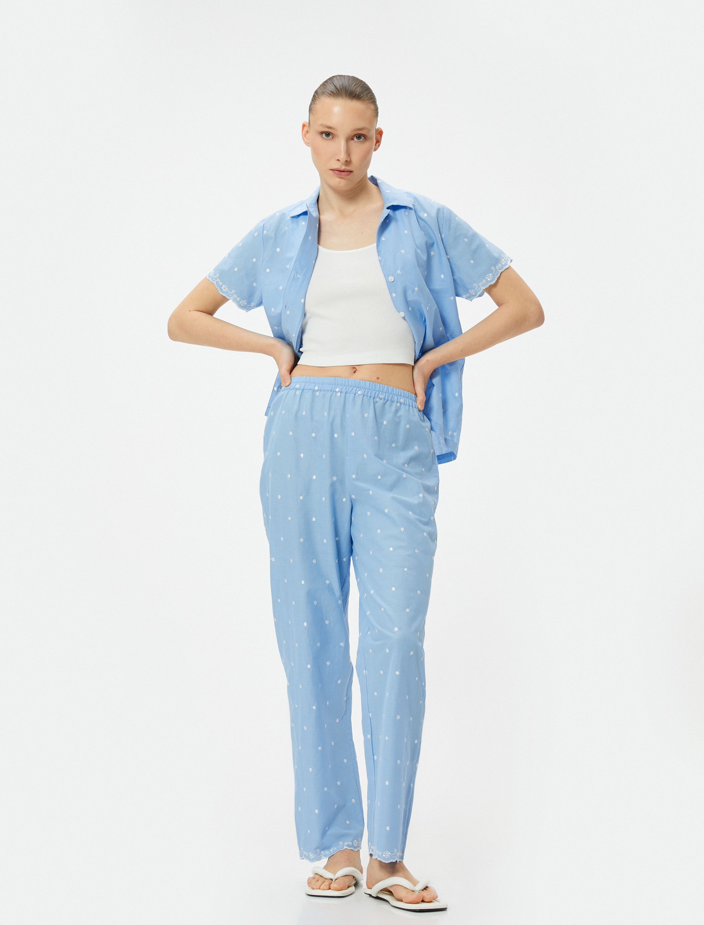   Pamuklu Pijama Altı Düz Paça Beli Lastikli Nakışlı