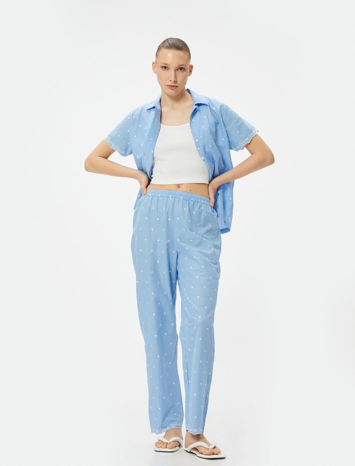  Pamuklu Pijama Altı Düz Paça Beli Lastikli Nakışlı