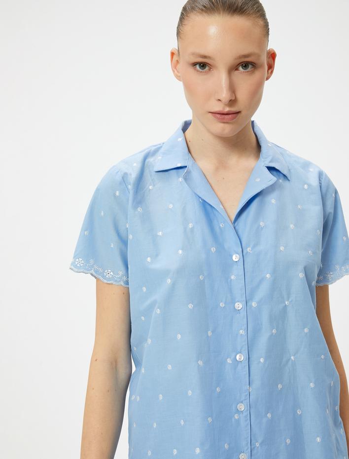  Düğmeli Pijama Üstü Nakışlı Gömlek Yaka Kısa Kollu