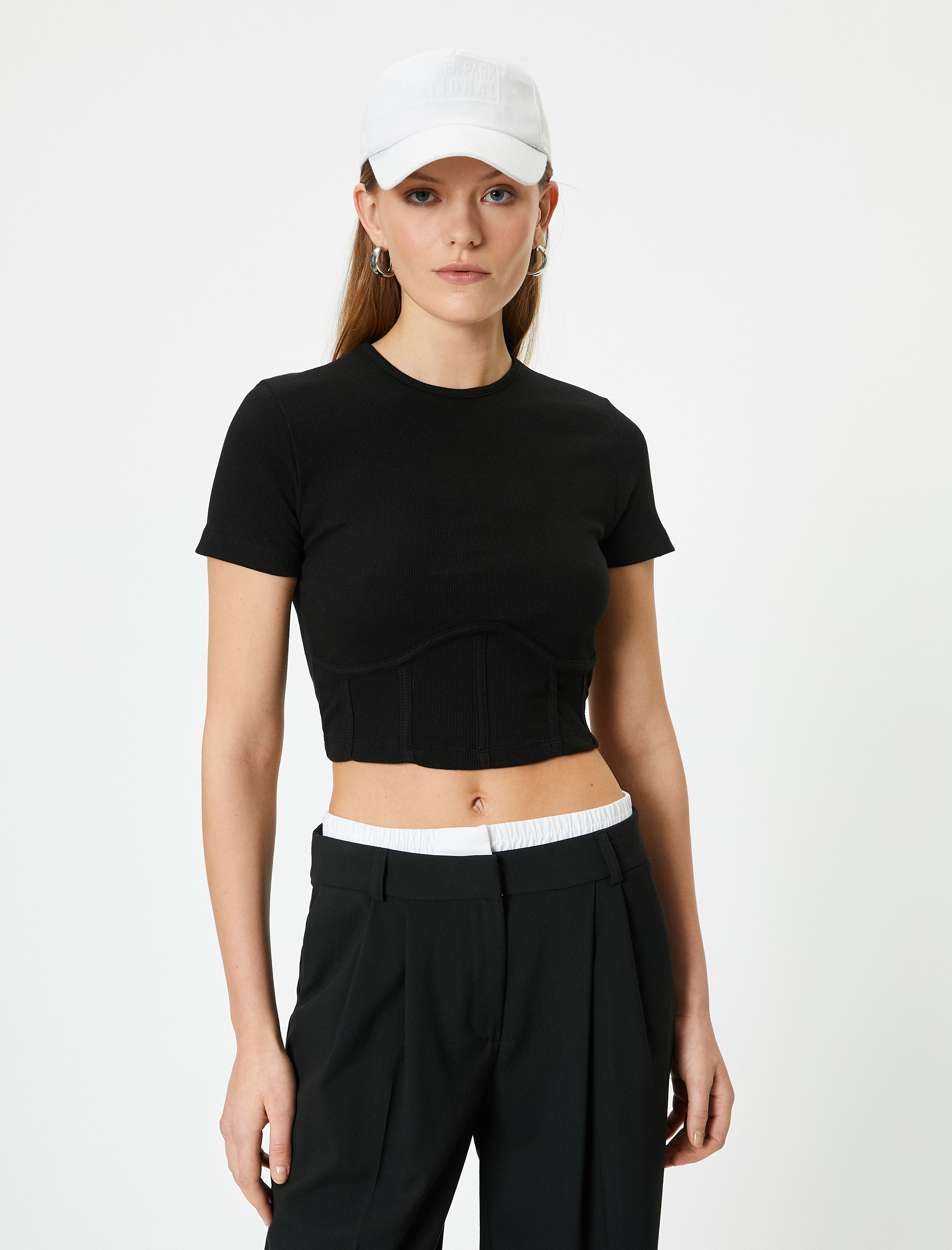   Crop Tişört Pamuklu Korse Detaylı Bisiklet Yaka Kısa Kollu