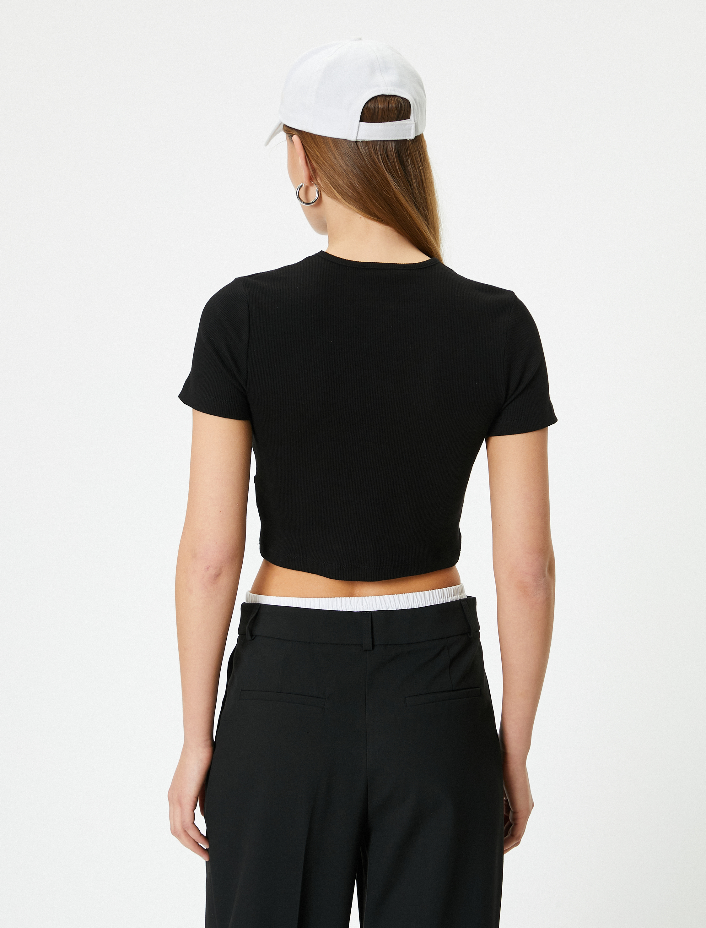   Crop Tişört Pamuklu Korse Detaylı Bisiklet Yaka Kısa Kollu