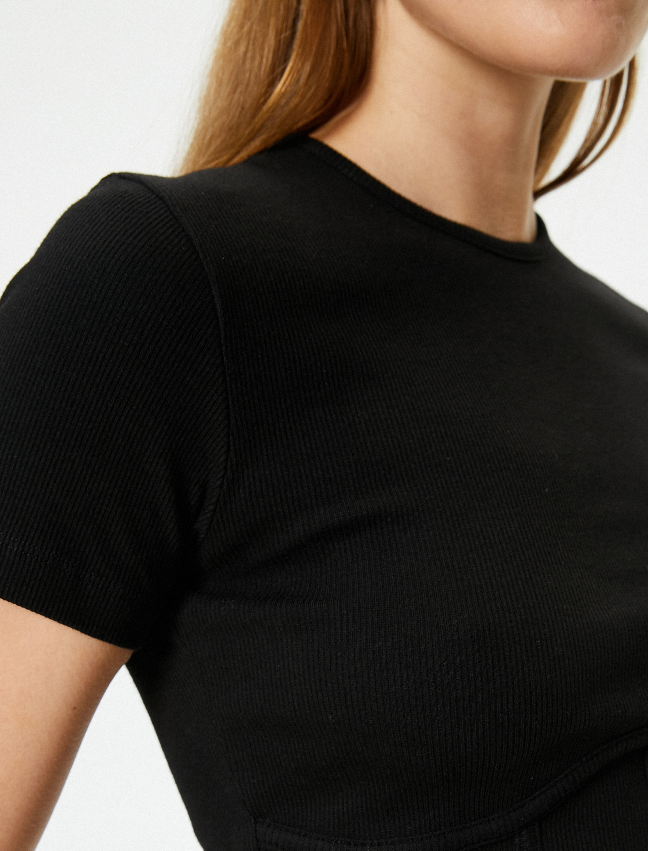   Crop Tişört Pamuklu Korse Detaylı Bisiklet Yaka Kısa Kollu