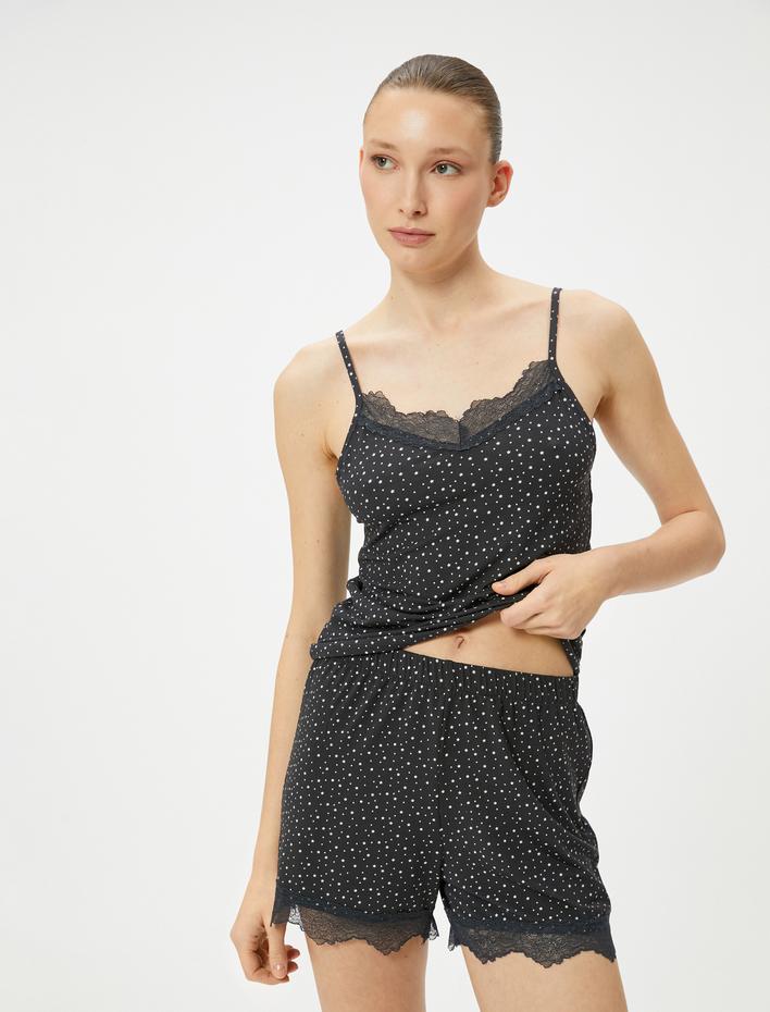 Pijama Altı Şort Dantel Detaylı Puantiyeli Beli Lastikli