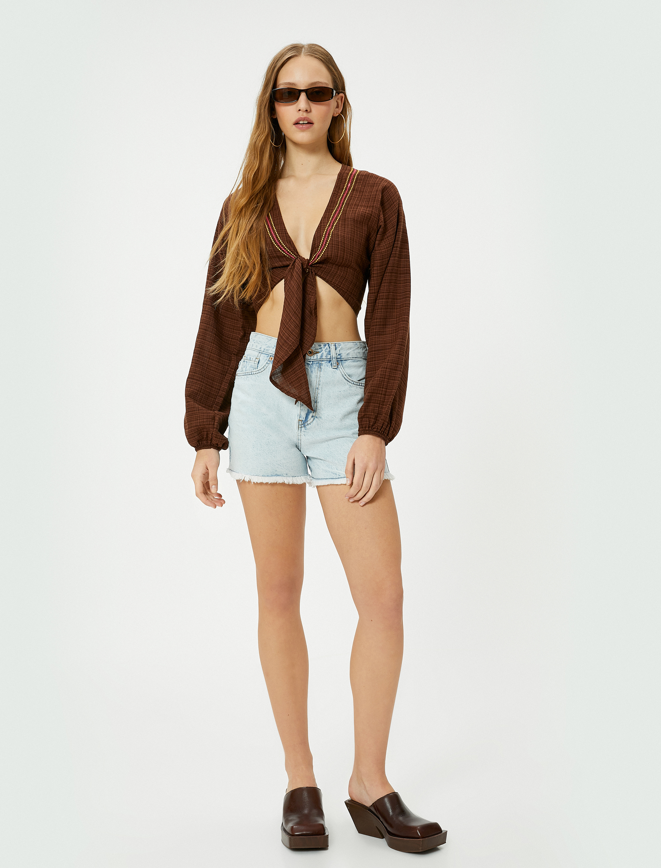   Crop Kimono Önden Bağlamalı Slim Fit Uzun Kollu