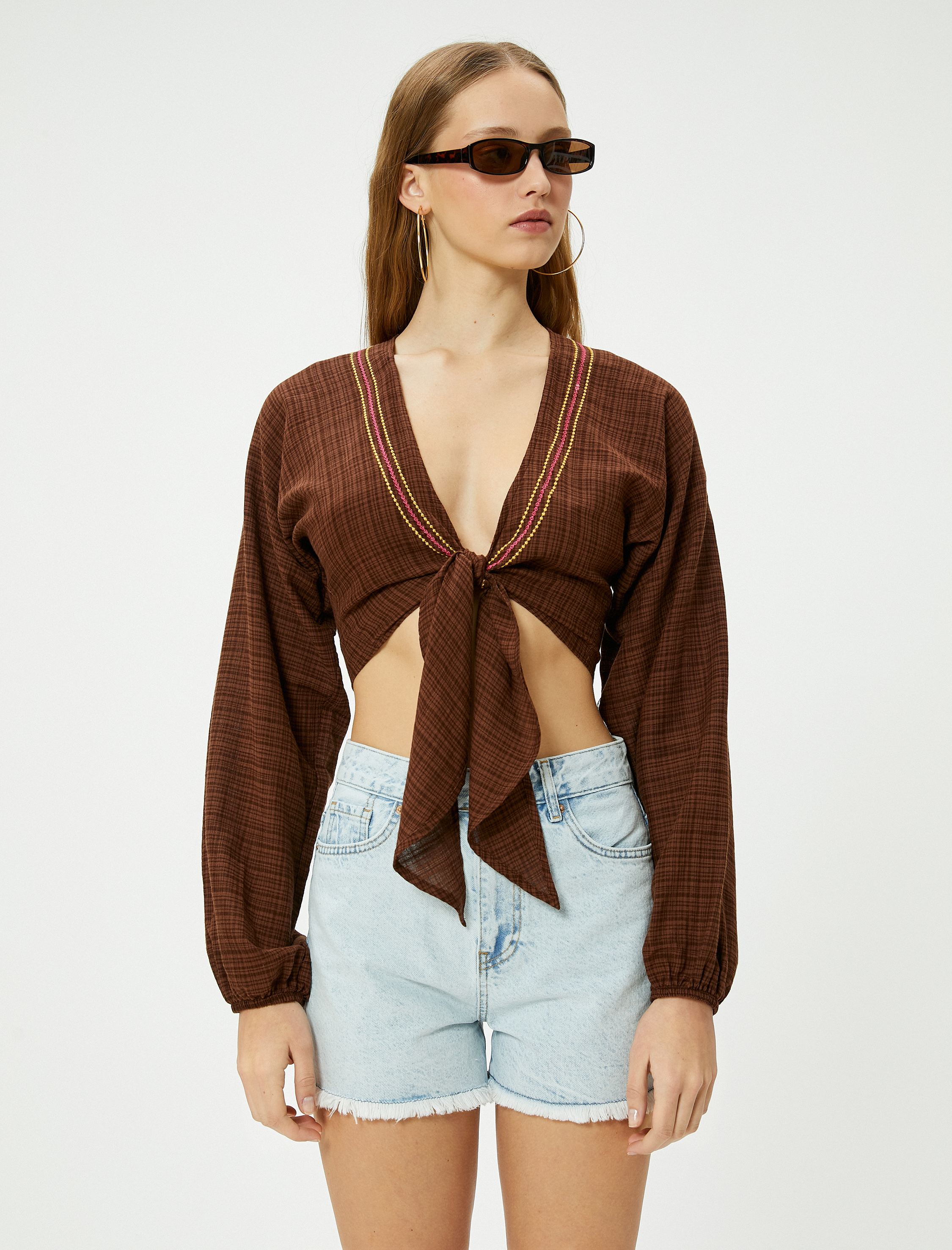   Crop Kimono Önden Bağlamalı Slim Fit Uzun Kollu