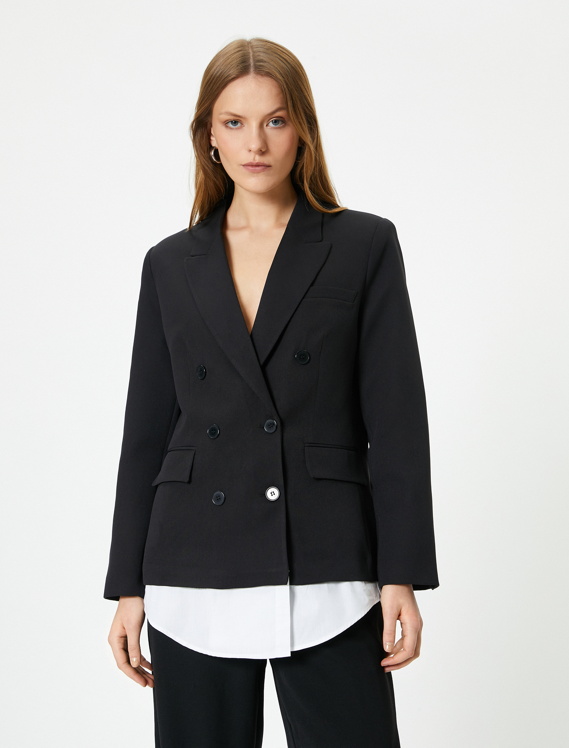   Blazer Ceket Kruvaze Düğmeli Cepli Gömlek Parça Görünümlü