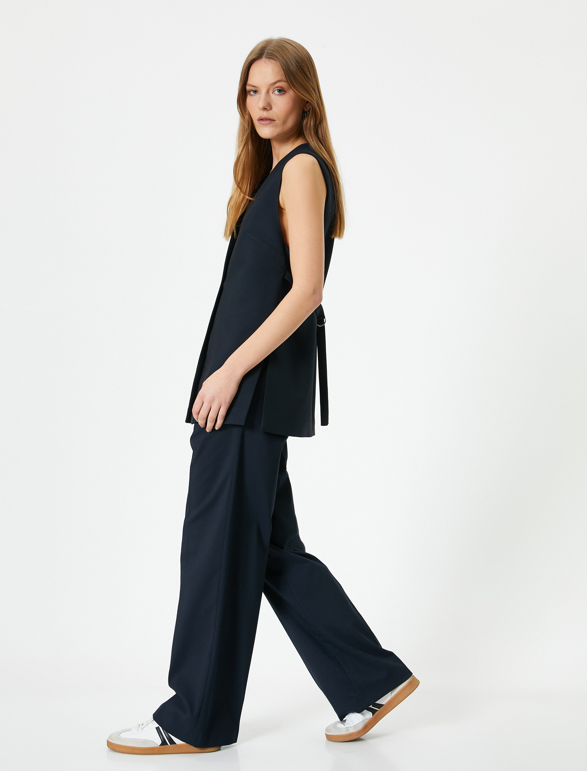   Uzun Kumaş Yelek Kolsuz Düğmeli Rahat Kalıp