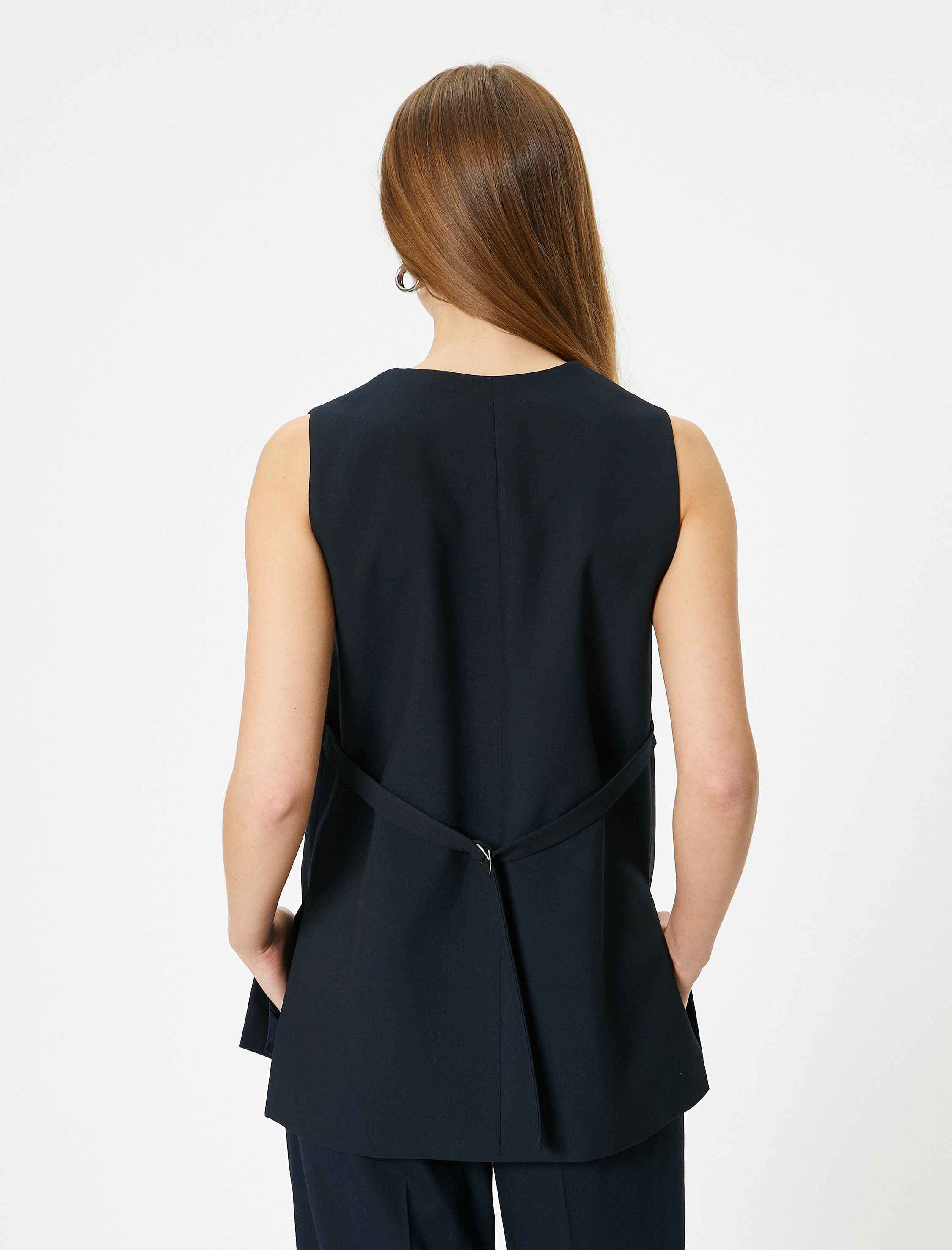   Uzun Kumaş Yelek Kolsuz Düğmeli Rahat Kalıp