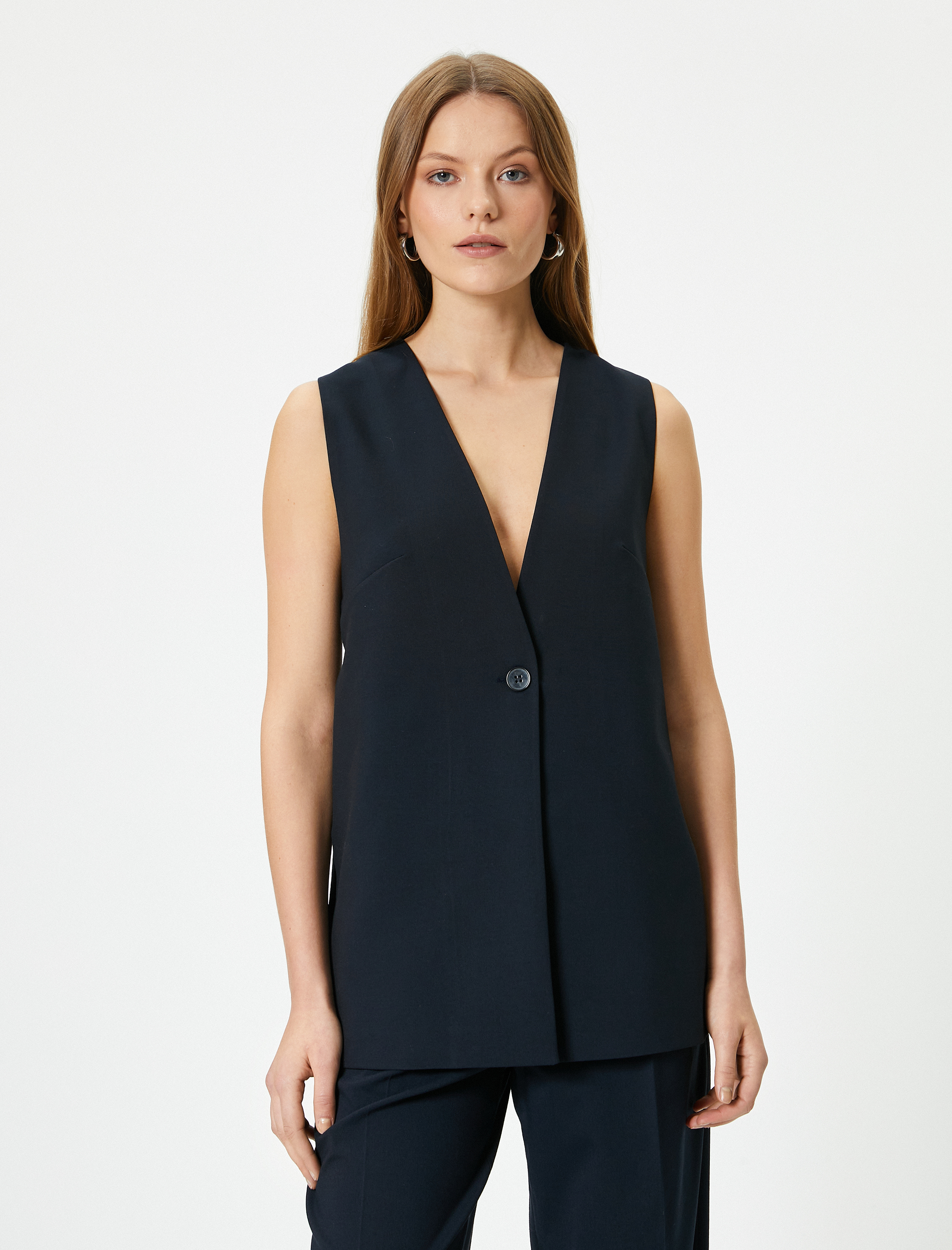   Uzun Kumaş Yelek Kolsuz Düğmeli Rahat Kalıp