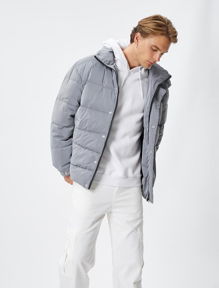  Şişme Mont Parlak Dik Yaka Fermuarlı Cepli Çıtçıt Düğmeli