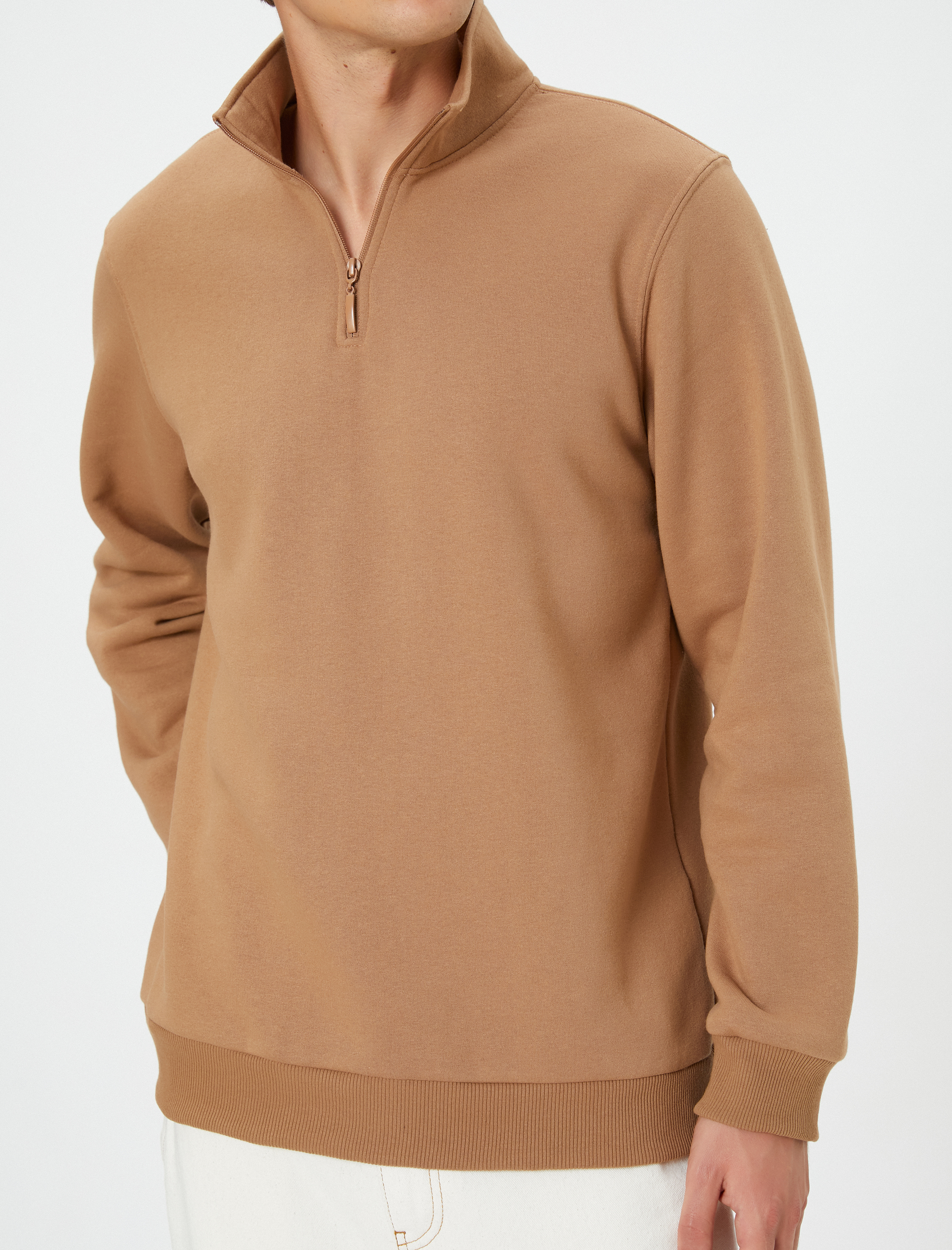   Yarım Fermuarlı Sweatshirt Dik Yaka Uzun Kollu Şardonlu