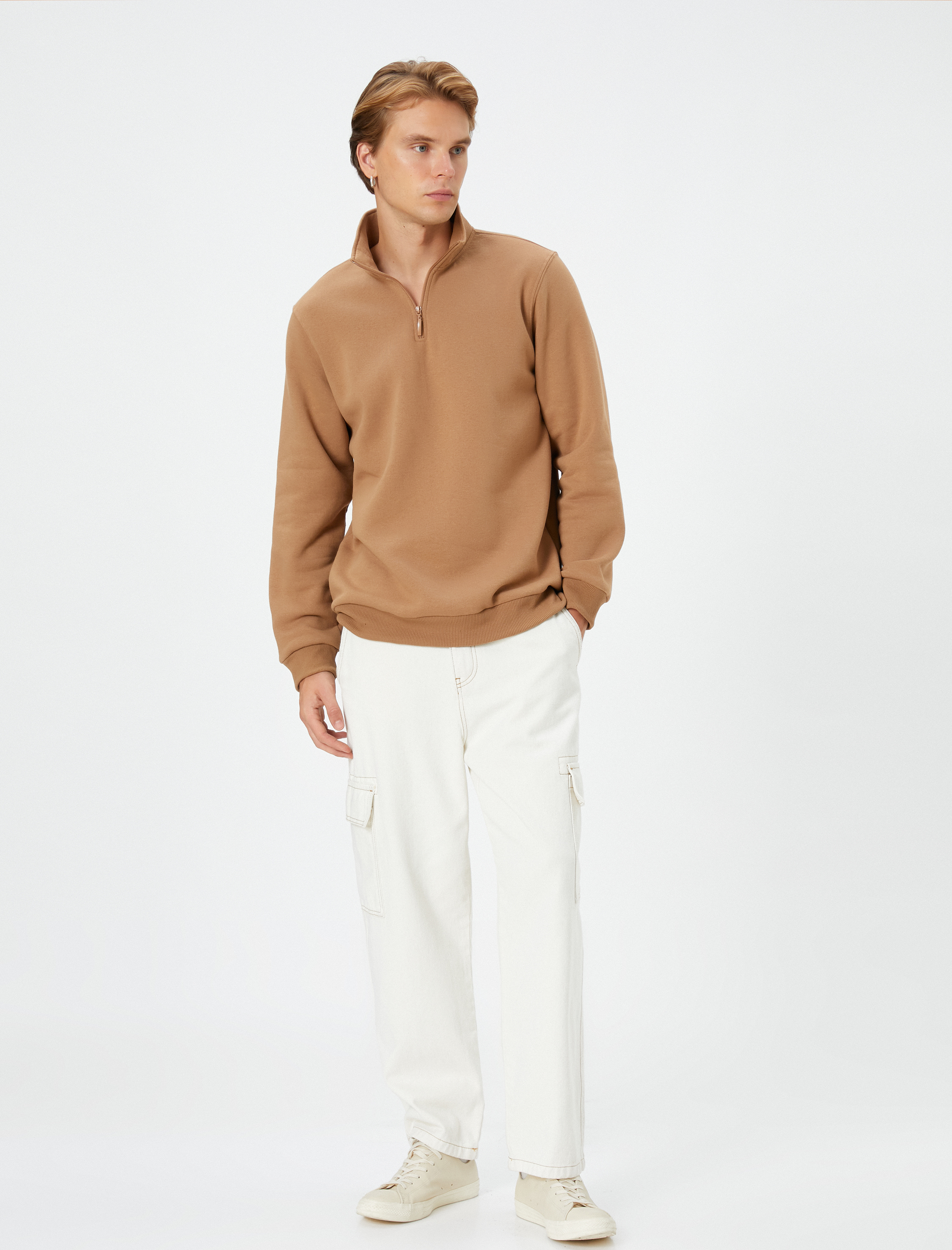   Yarım Fermuarlı Sweatshirt Dik Yaka Uzun Kollu Şardonlu