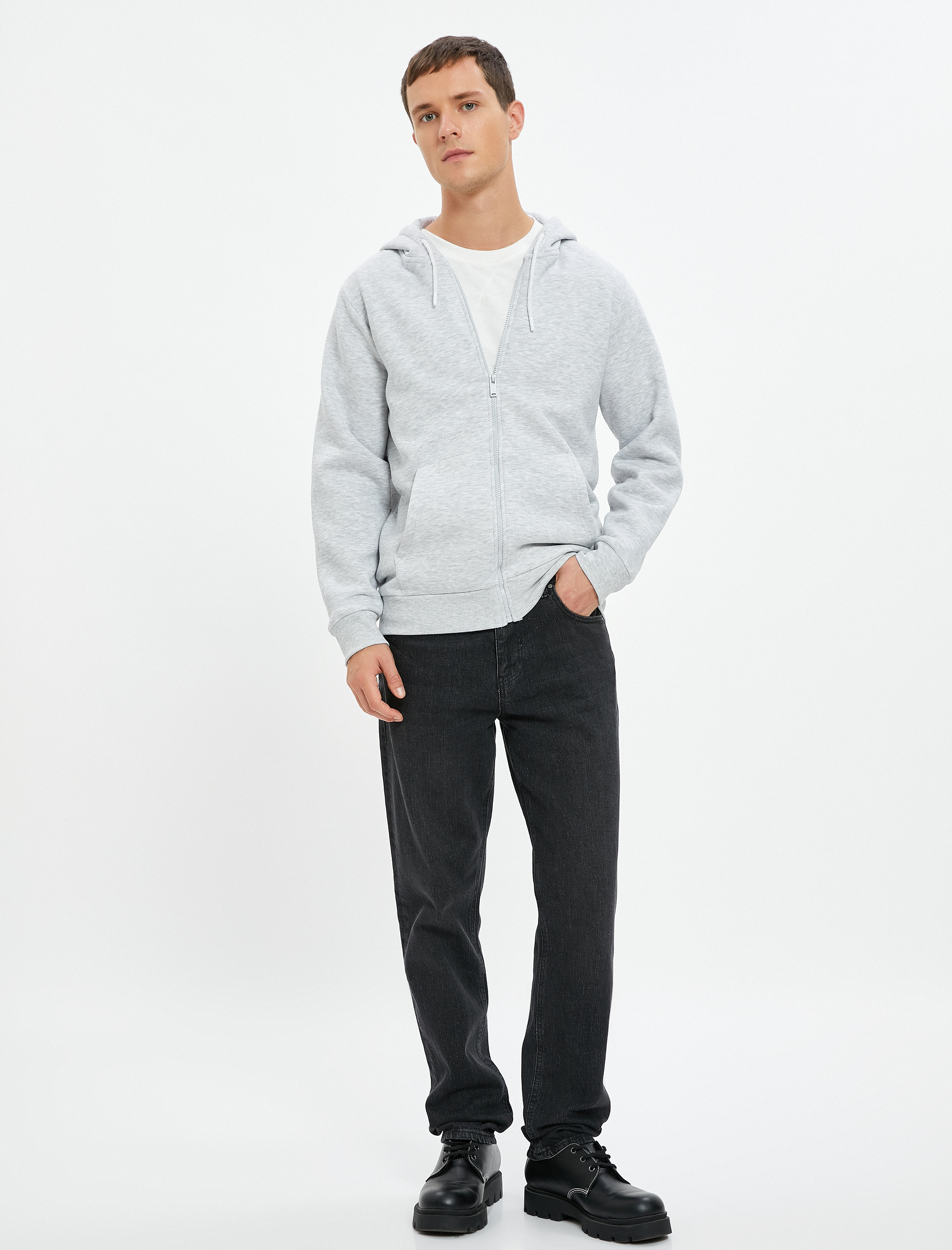 Basic Fermuarlı Sweat Kapşonlu Cep Detaylı Şardonlu