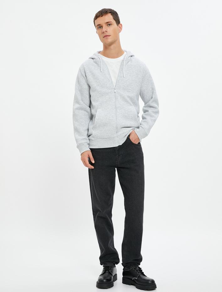  Basic Fermuarlı Sweat Kapşonlu Cep Detaylı Şardonlu