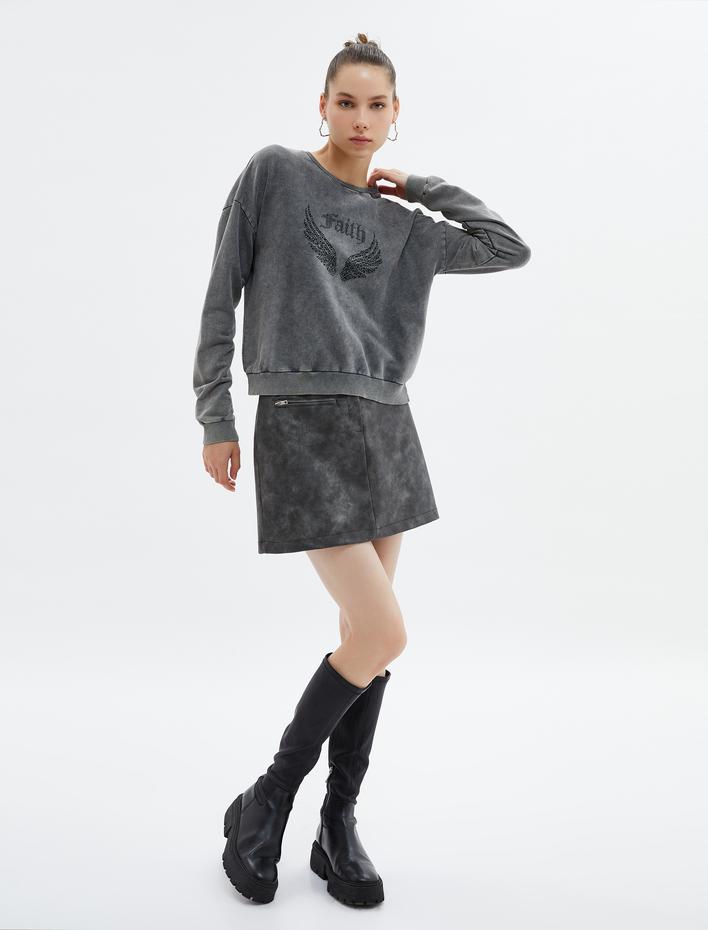  Bisiklet Yaka Sweatshirt Taş Slogan İşlemeli Pamuklu