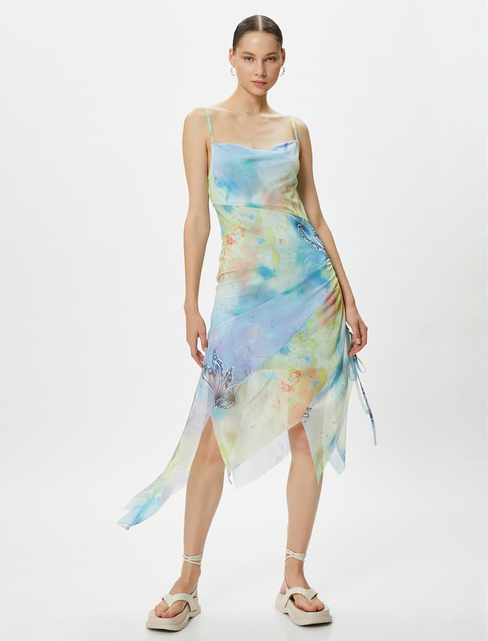  Batik Desenli Midi Tül Elbise İnce Askılı Asimetrik Kesim Yandan Büzgülü Astarlı