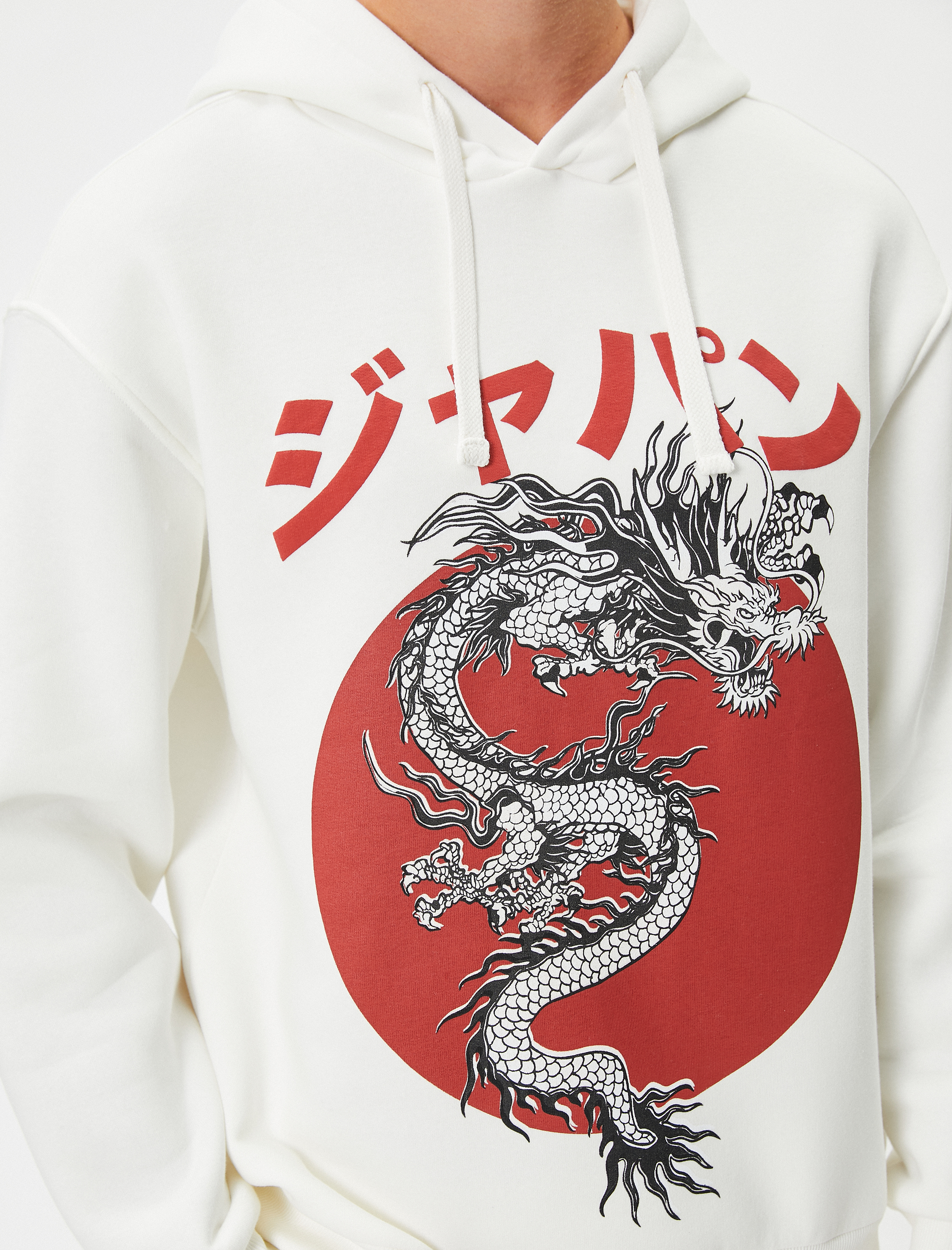   Kapşonlu Sweatshirt Uzakdoğu Baskılı Rahat Kesim Uzun Kollu Şardonlu