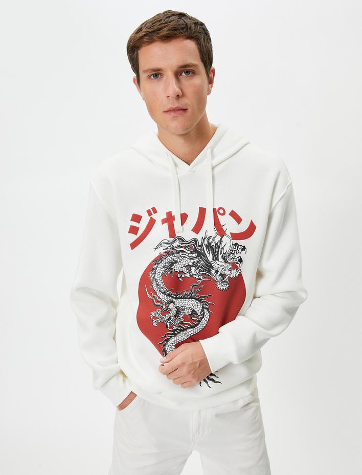  Kapşonlu Sweatshirt Uzakdoğu Baskılı Rahat Kesim Uzun Kollu Şardonlu