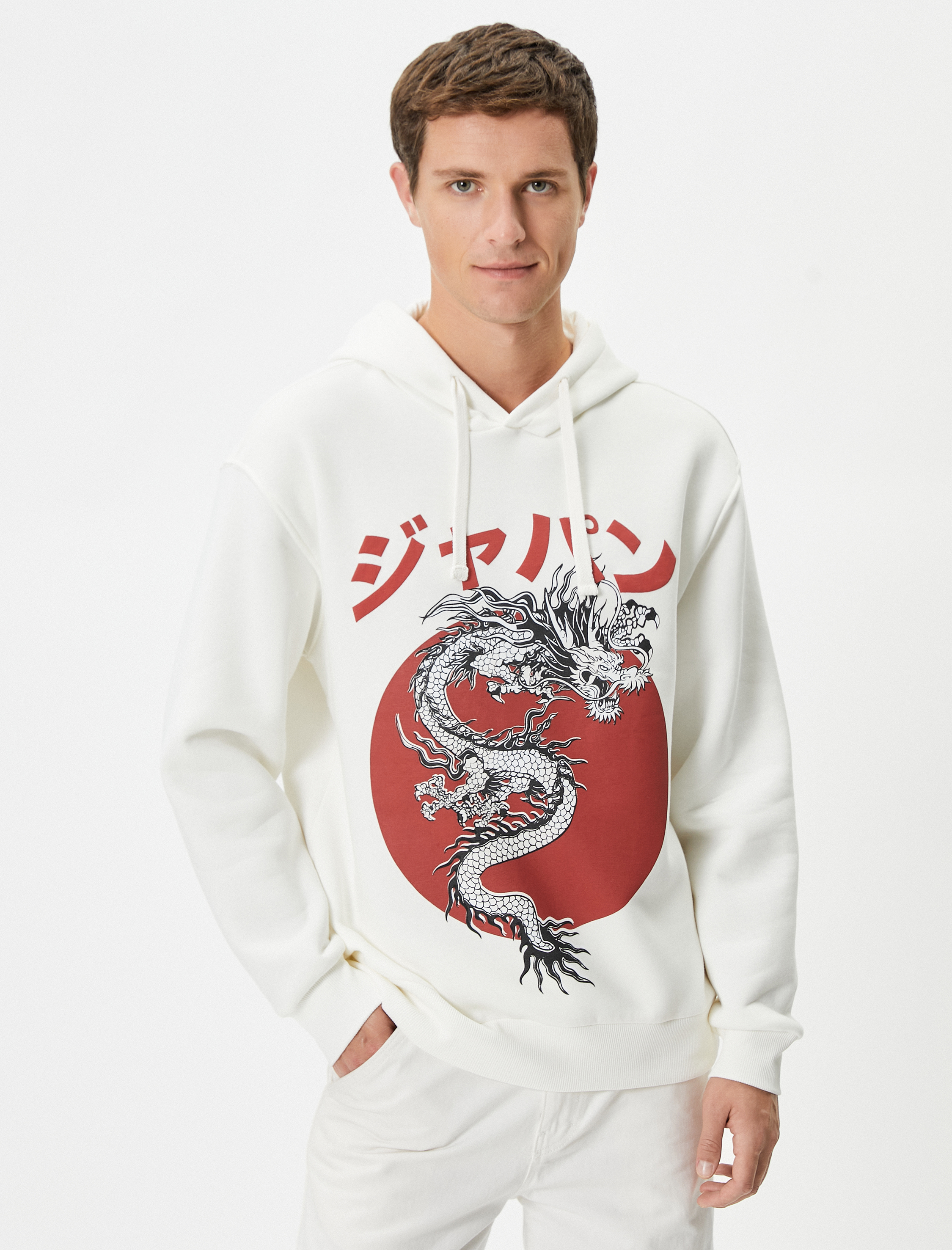   Kapşonlu Sweatshirt Uzakdoğu Baskılı Rahat Kesim Uzun Kollu Şardonlu