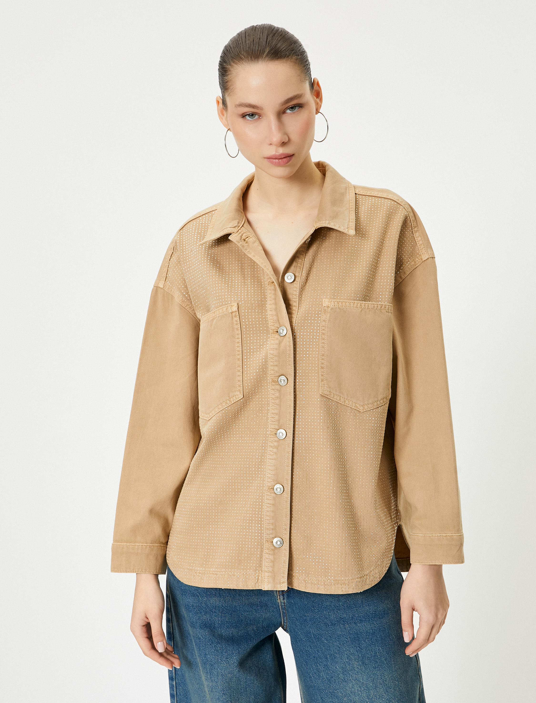   Taşlı Kot Gömlek Ceket Cep Detaylı Uzun Kollu Pamuklu Rahat Kalıp