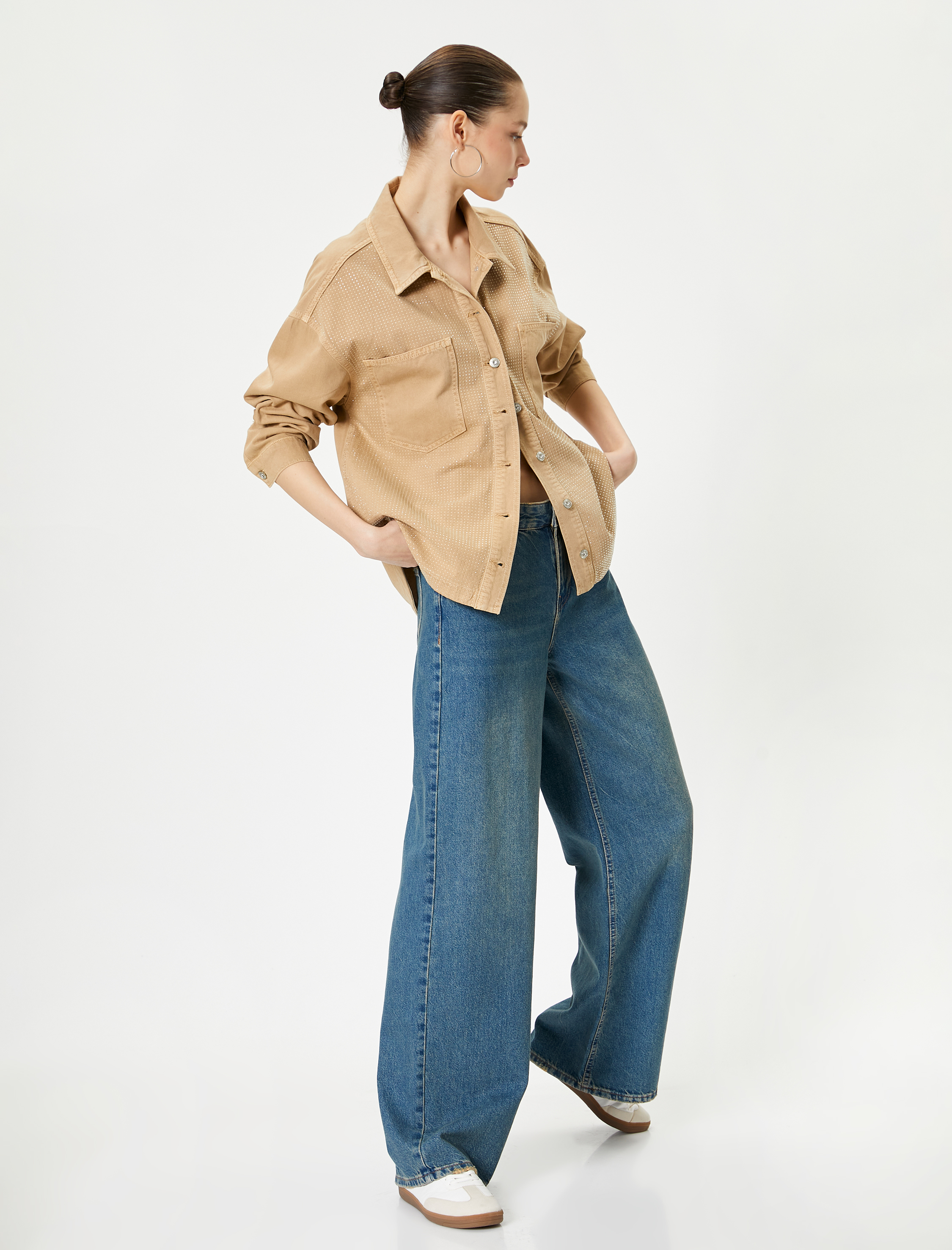   Taşlı Kot Gömlek Ceket Cep Detaylı Uzun Kollu Pamuklu Rahat Kalıp