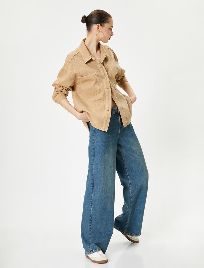  Taşlı Kot Gömlek Ceket Cep Detaylı Uzun Kollu Pamuklu Rahat Kalıp