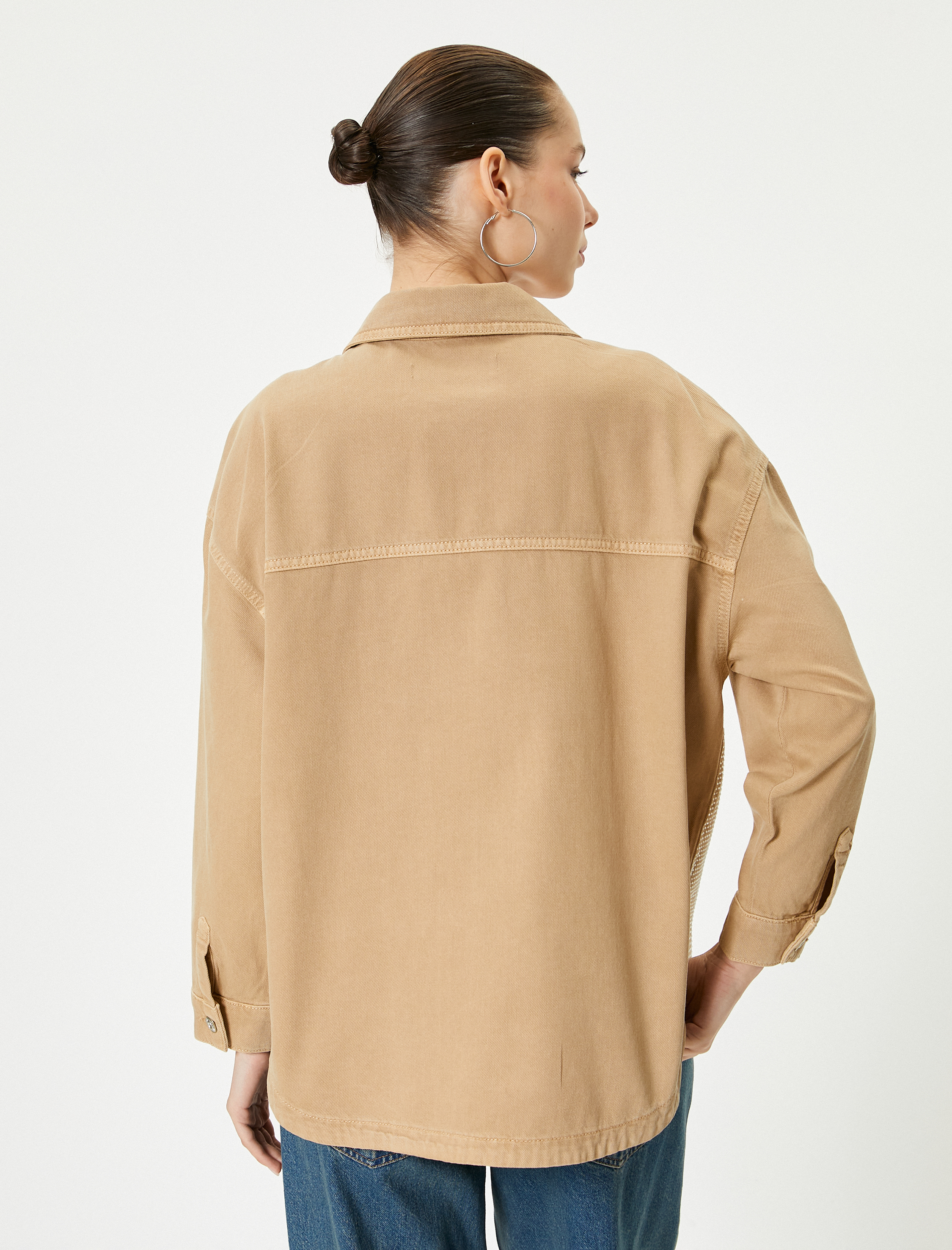   Taşlı Kot Gömlek Ceket Cep Detaylı Uzun Kollu Pamuklu Rahat Kalıp