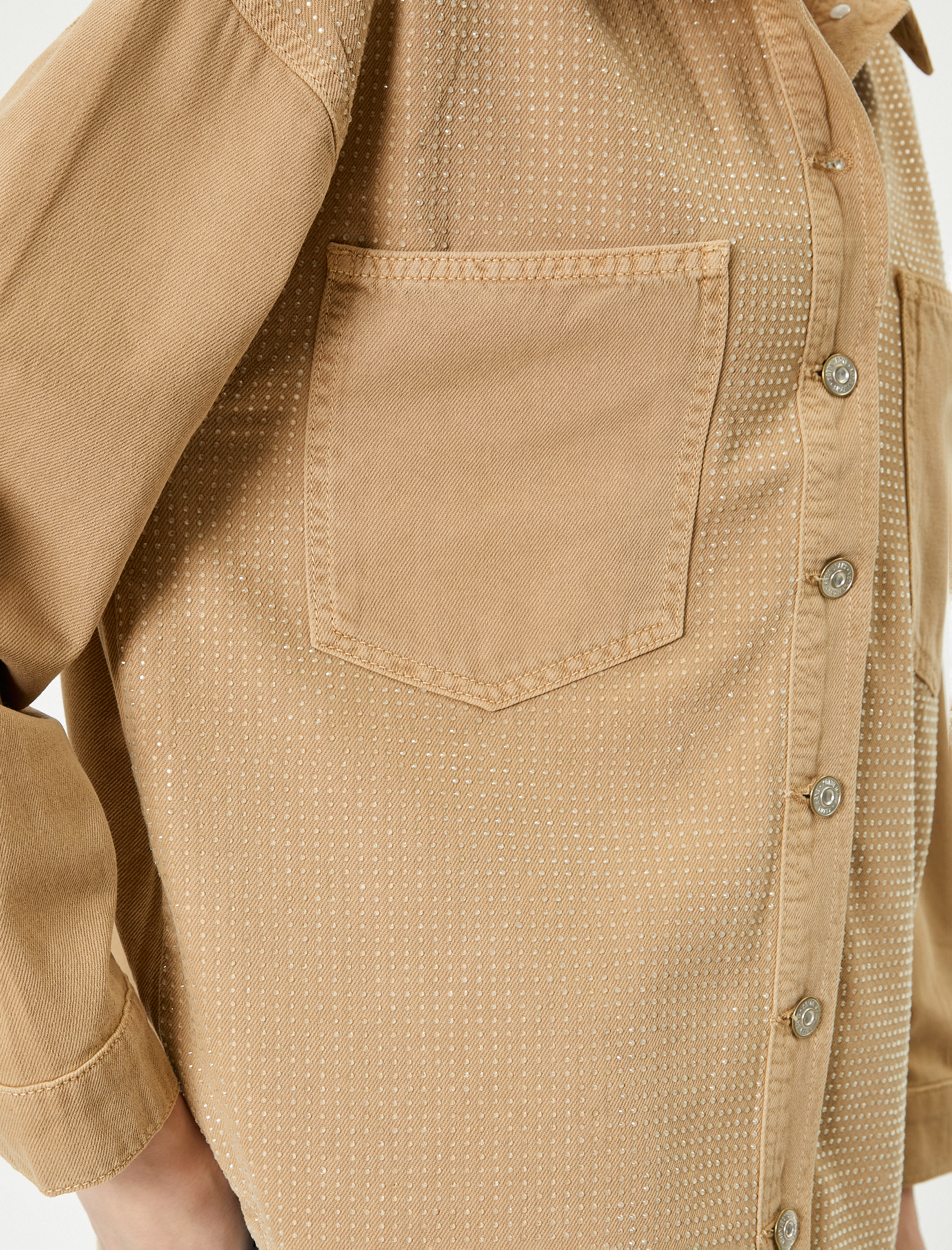   Taşlı Kot Gömlek Ceket Cep Detaylı Uzun Kollu Pamuklu Rahat Kalıp