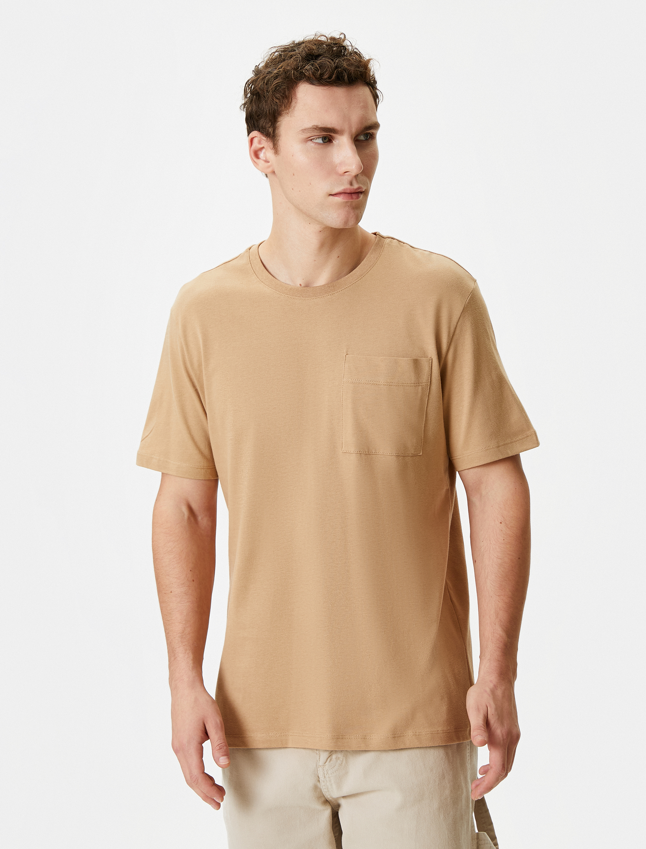   Basic Tişört Cep Detaylı Bisiklet Yaka Kısa Kollu Pamuklu