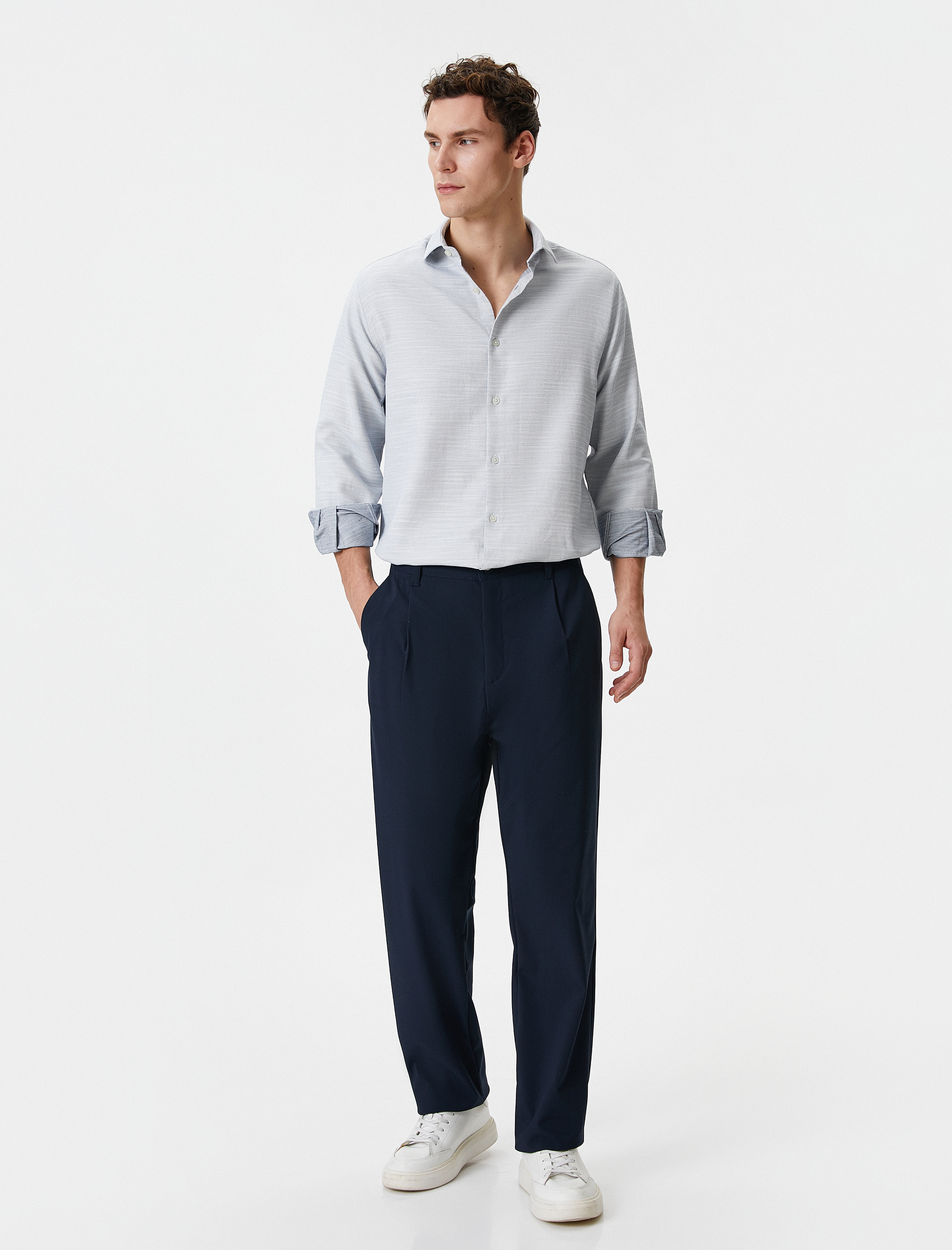   Slim Fit Gömlek Yarım İtalyan Yaka Düğmeli Uzun Kollu