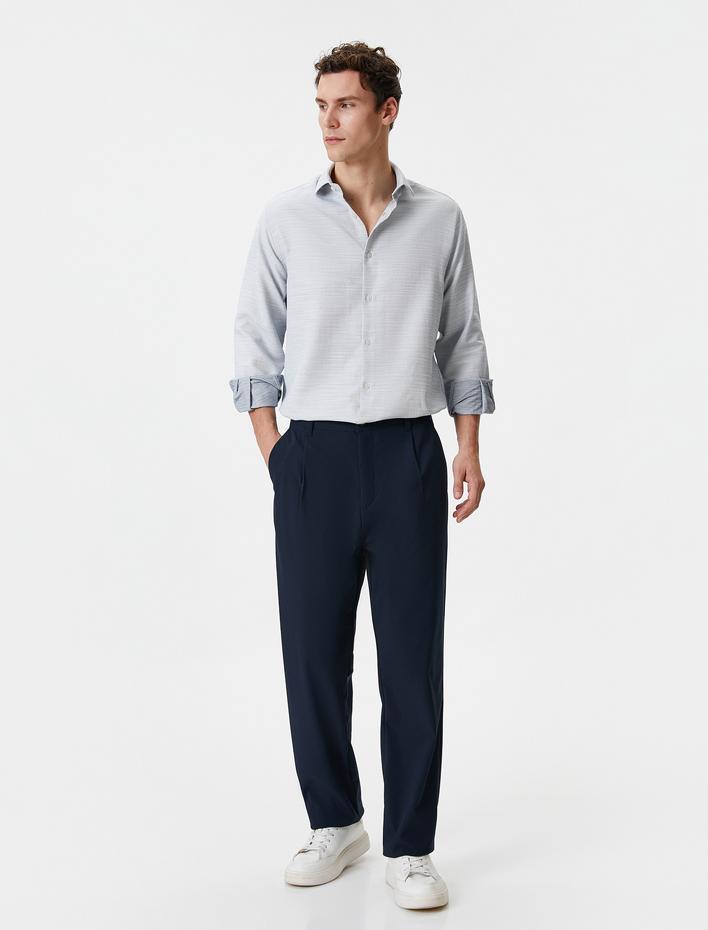  Slim Fit Gömlek Yarım İtalyan Yaka Düğmeli Uzun Kollu