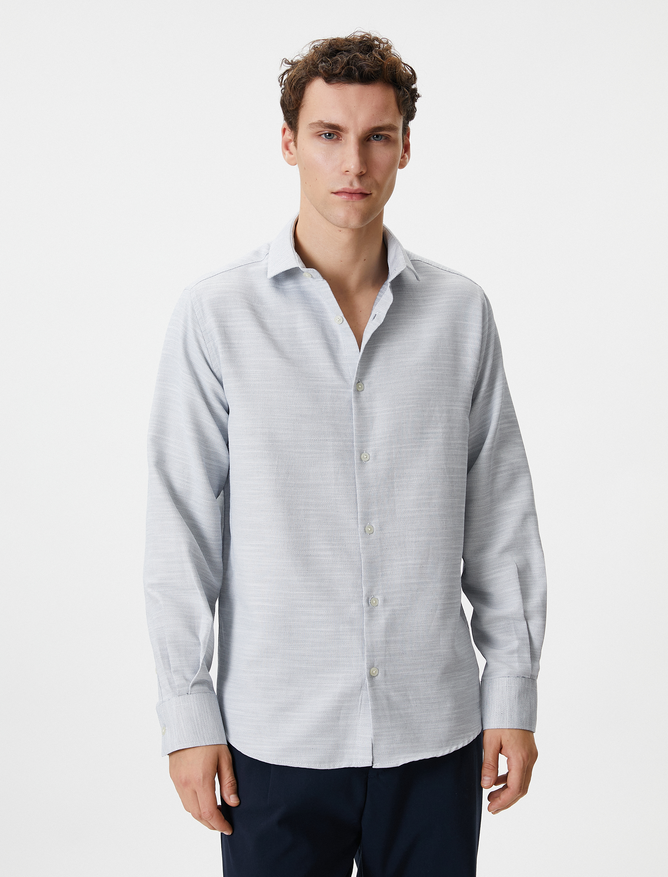   Slim Fit Gömlek Yarım İtalyan Yaka Düğmeli Uzun Kollu