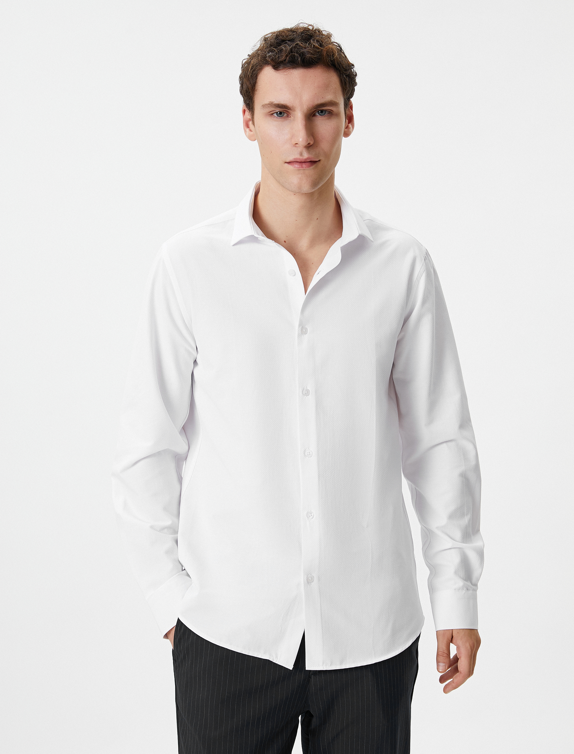   Slim Fit Gömlek Yarım İtalyan Yaka Düğmeli Dokulu