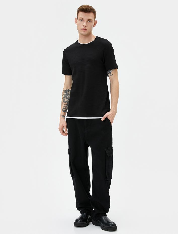  Basic Tişört Kumaş Detaylı Bisiklet Yaka Slim Fit Dokulu