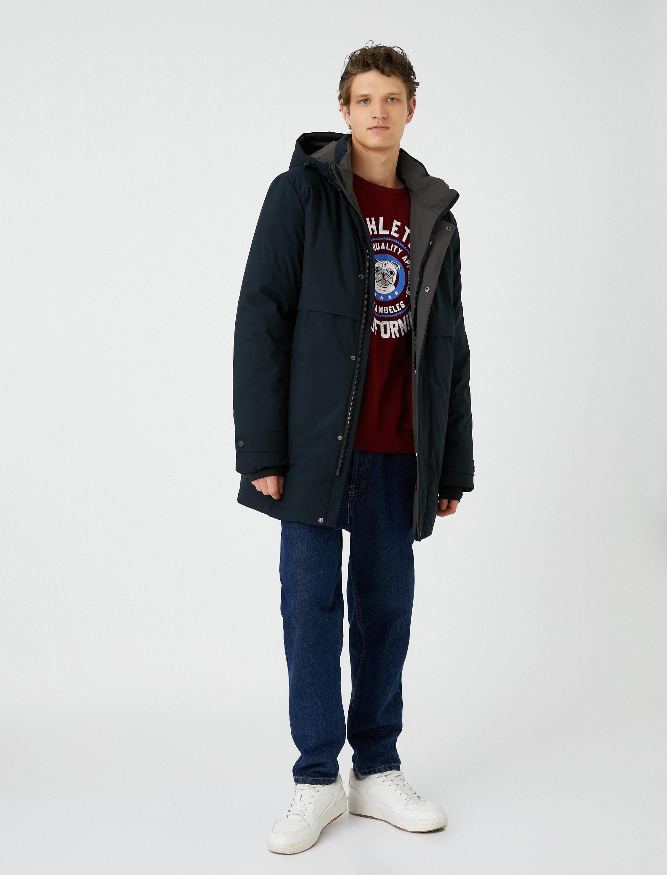   Çıkarılabilir Kapüşonlu Uzun Anorak Mont Fermuarlı Baskı Detaylı