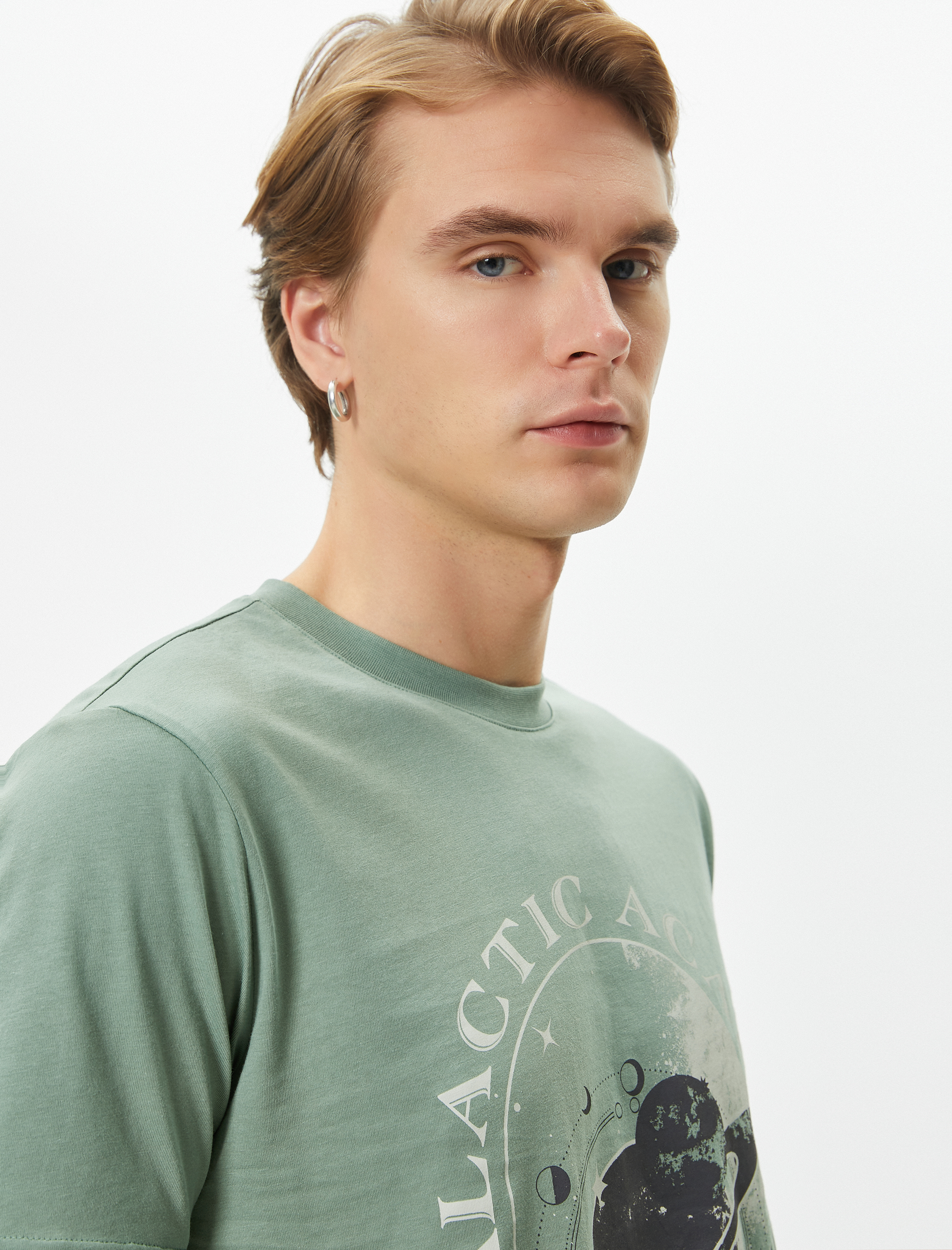   Slogan Baskılı Tişört Uzay Temalı Slim Fit Bisiklet Yaka Kısa Kollu