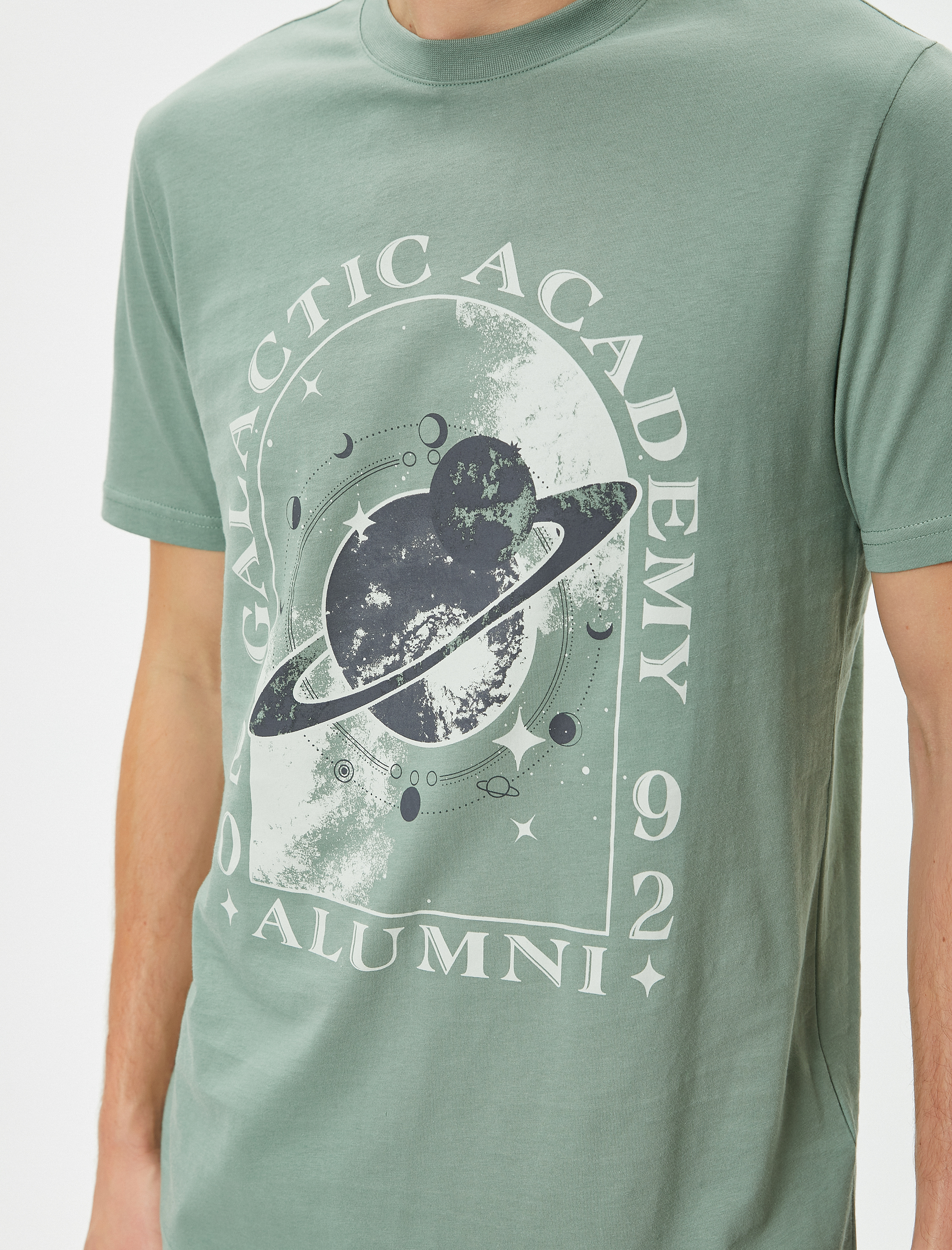   Slogan Baskılı Tişört Uzay Temalı Slim Fit Bisiklet Yaka Kısa Kollu