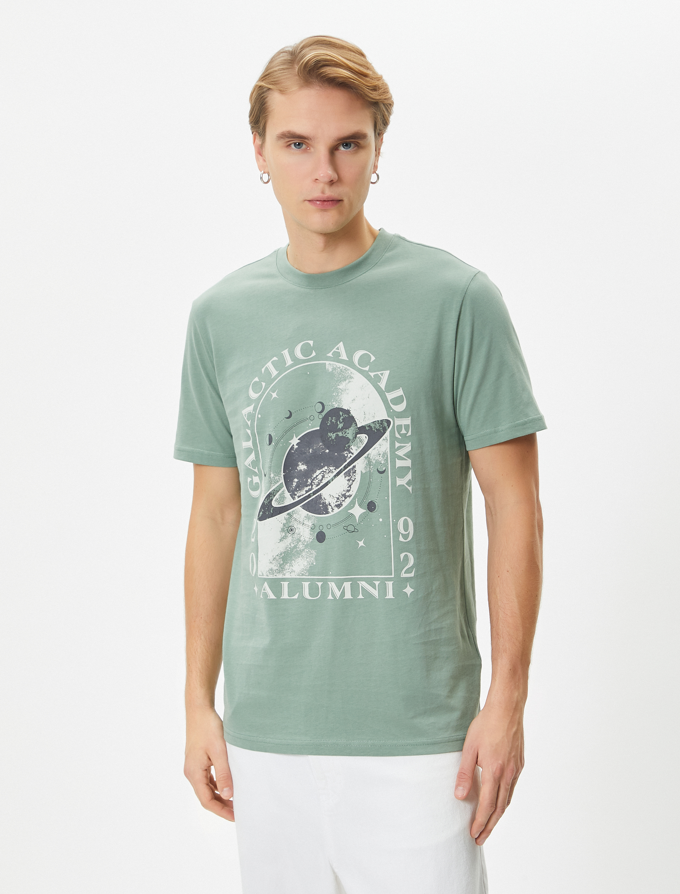   Slogan Baskılı Tişört Uzay Temalı Slim Fit Bisiklet Yaka Kısa Kollu