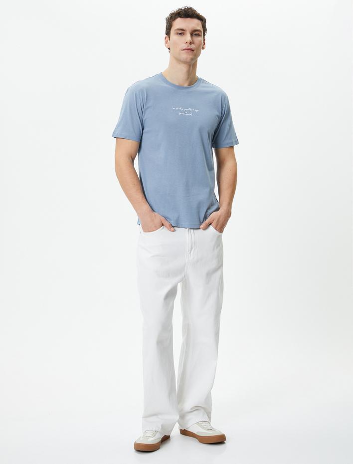  Slogan Baskılı Tişört Slim Fit Bisiklet Yaka Kısa Kollu Pamuklu