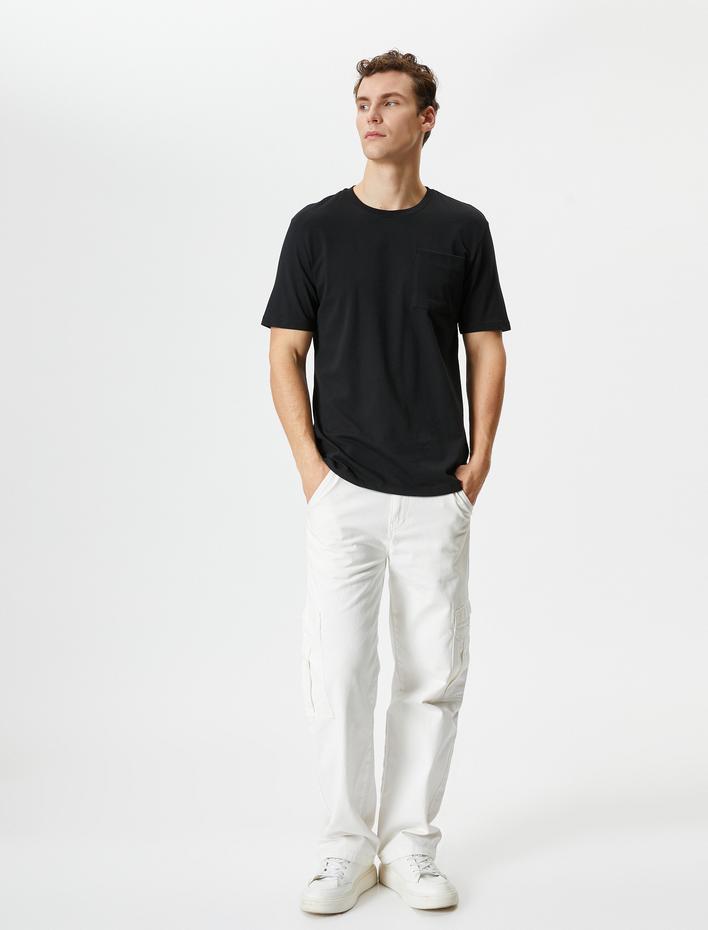  Basic Tişört Cep Detaylı Bisiklet Yaka Kısa Kollu Pamuklu