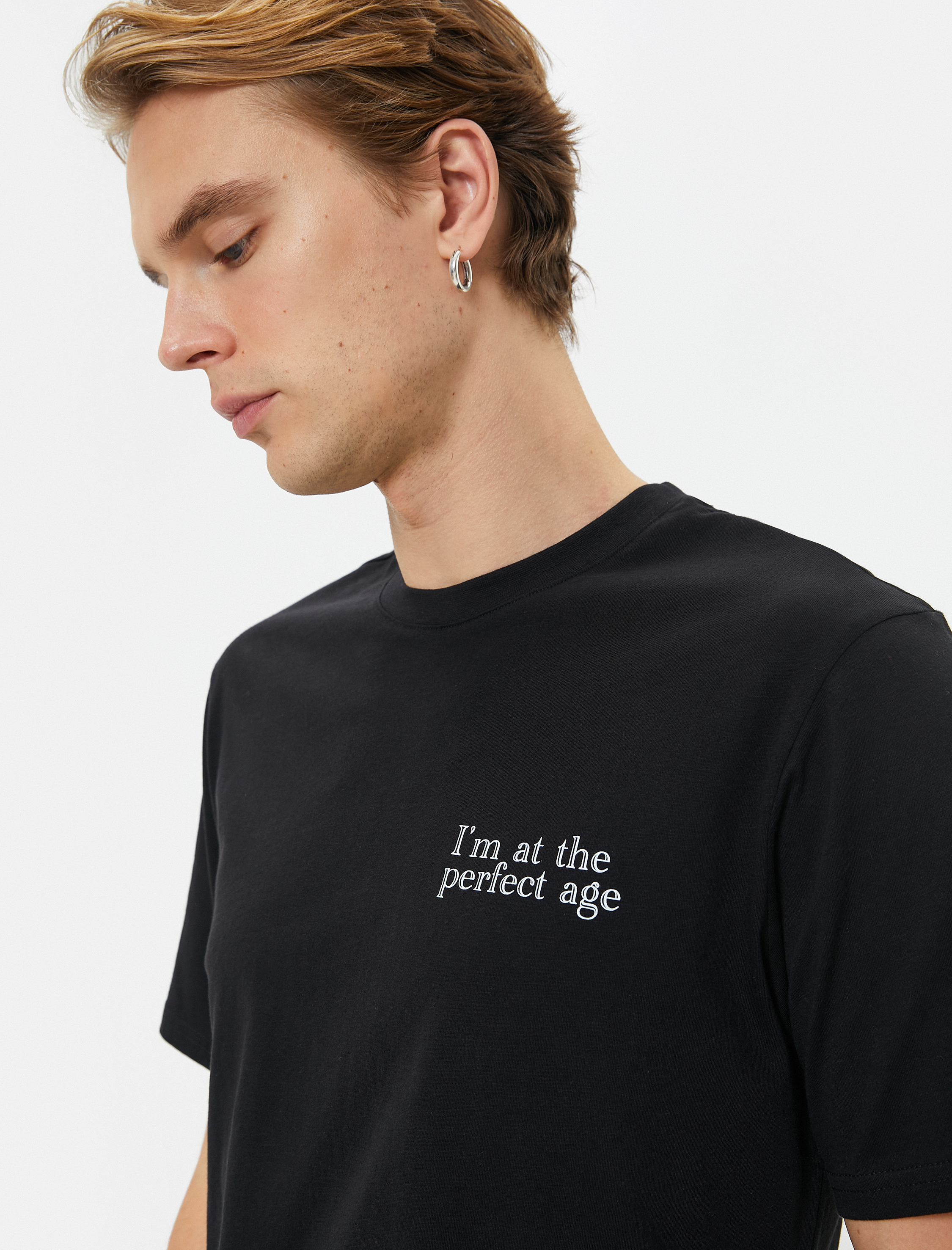   Slogan Baskılı Tişört Slim Fit Bisiklet Yaka Kısa Kollu